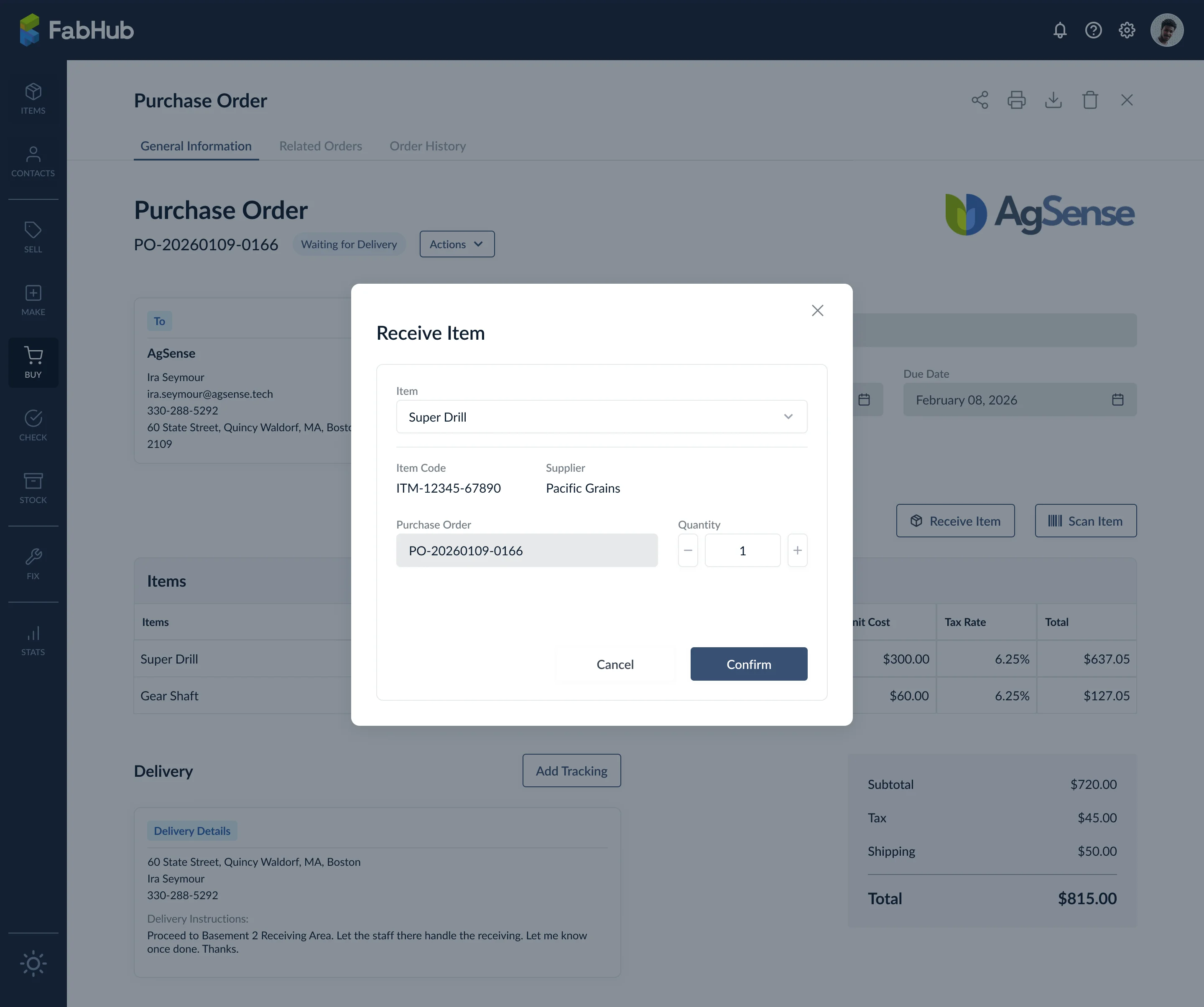 Receive item modal with quantity input