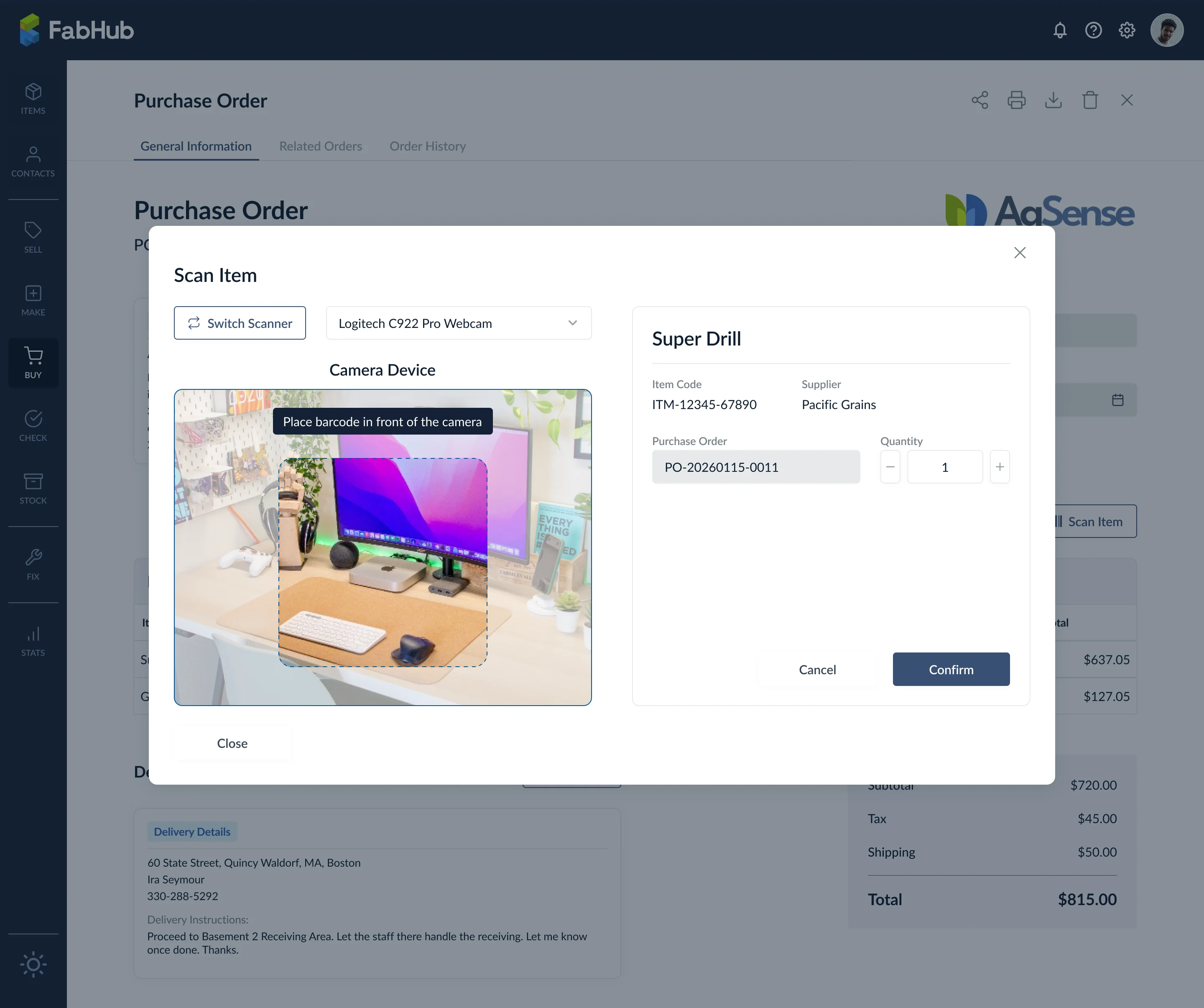 Scan item modal during receiving