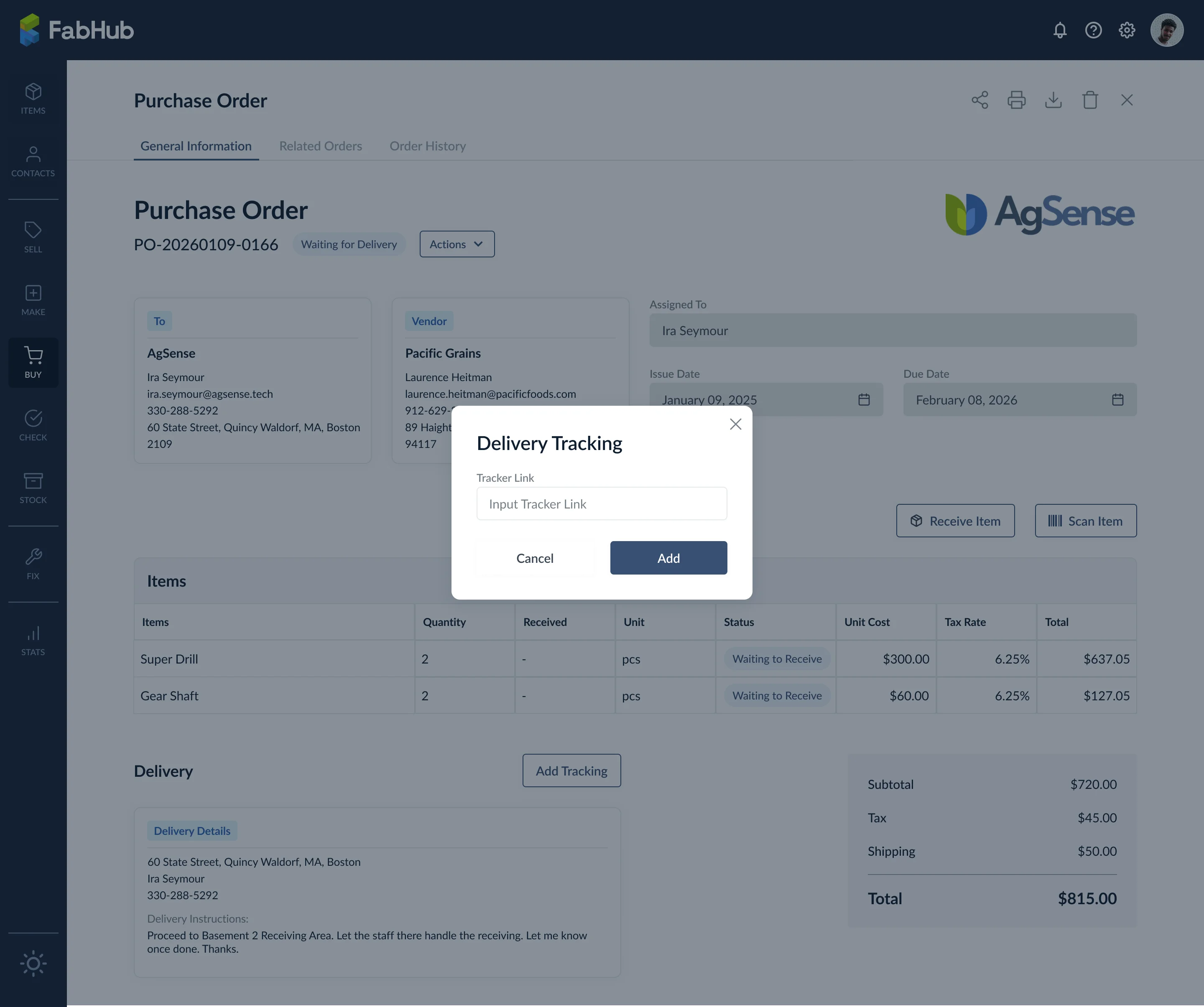 Add delivery tracking modal on an existing purchase order