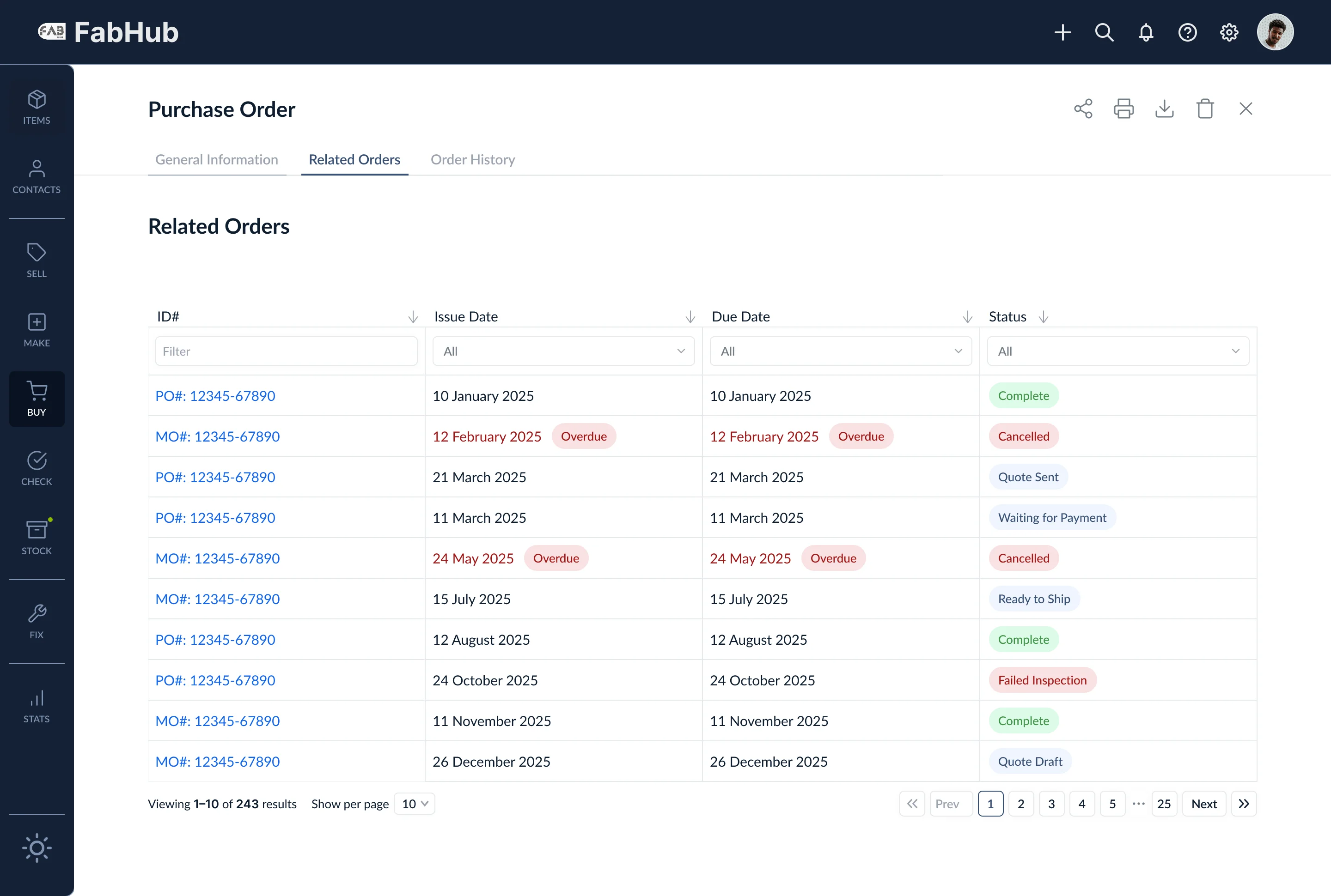 Related orders tab on a purchase order