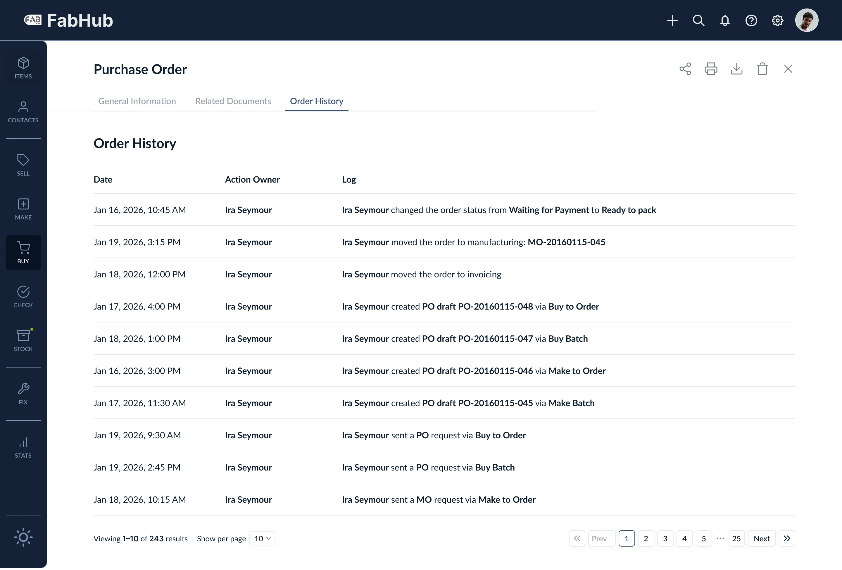 Order history tab with activity log
