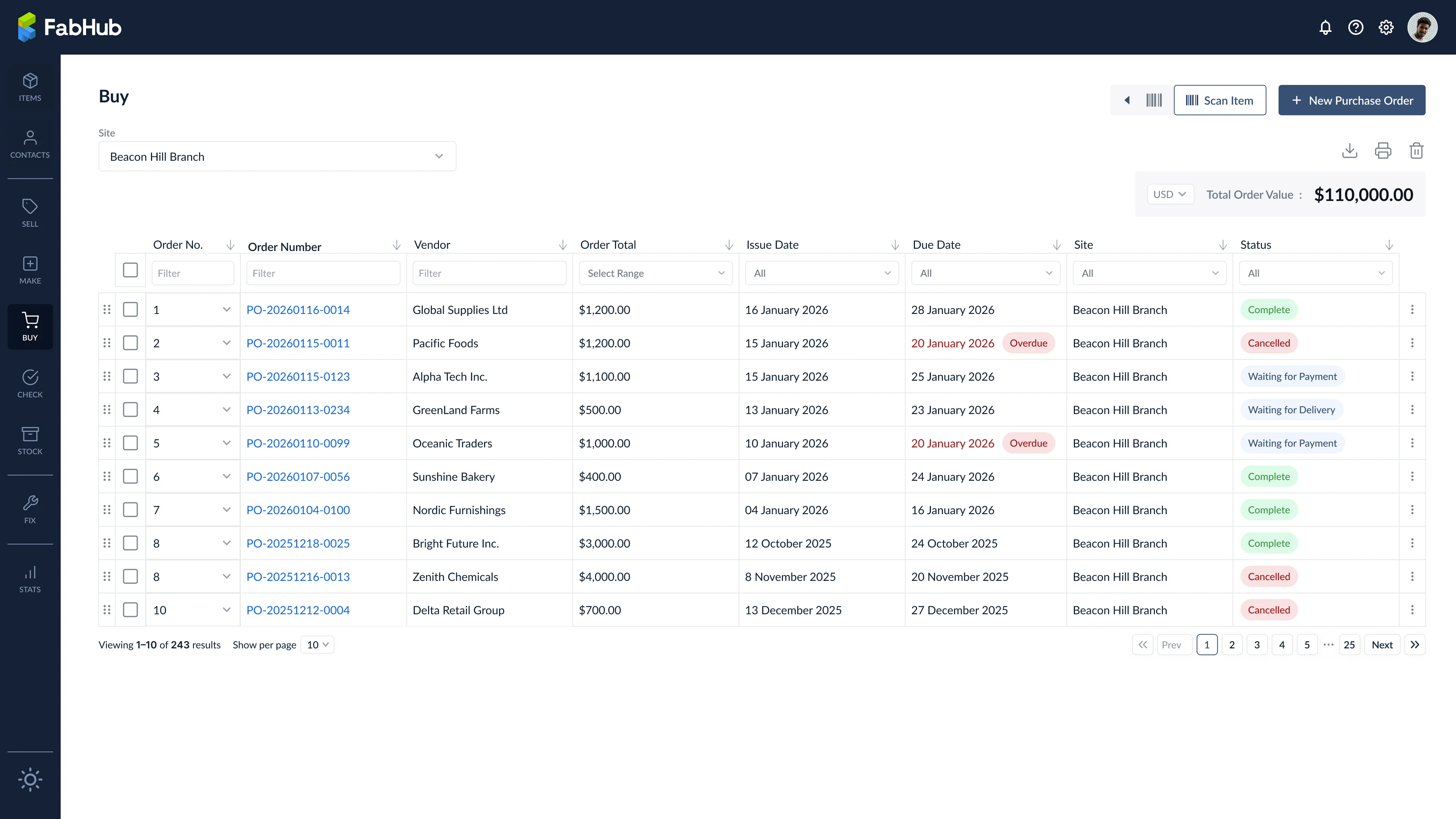 Buy module main dashboard with purchase order table