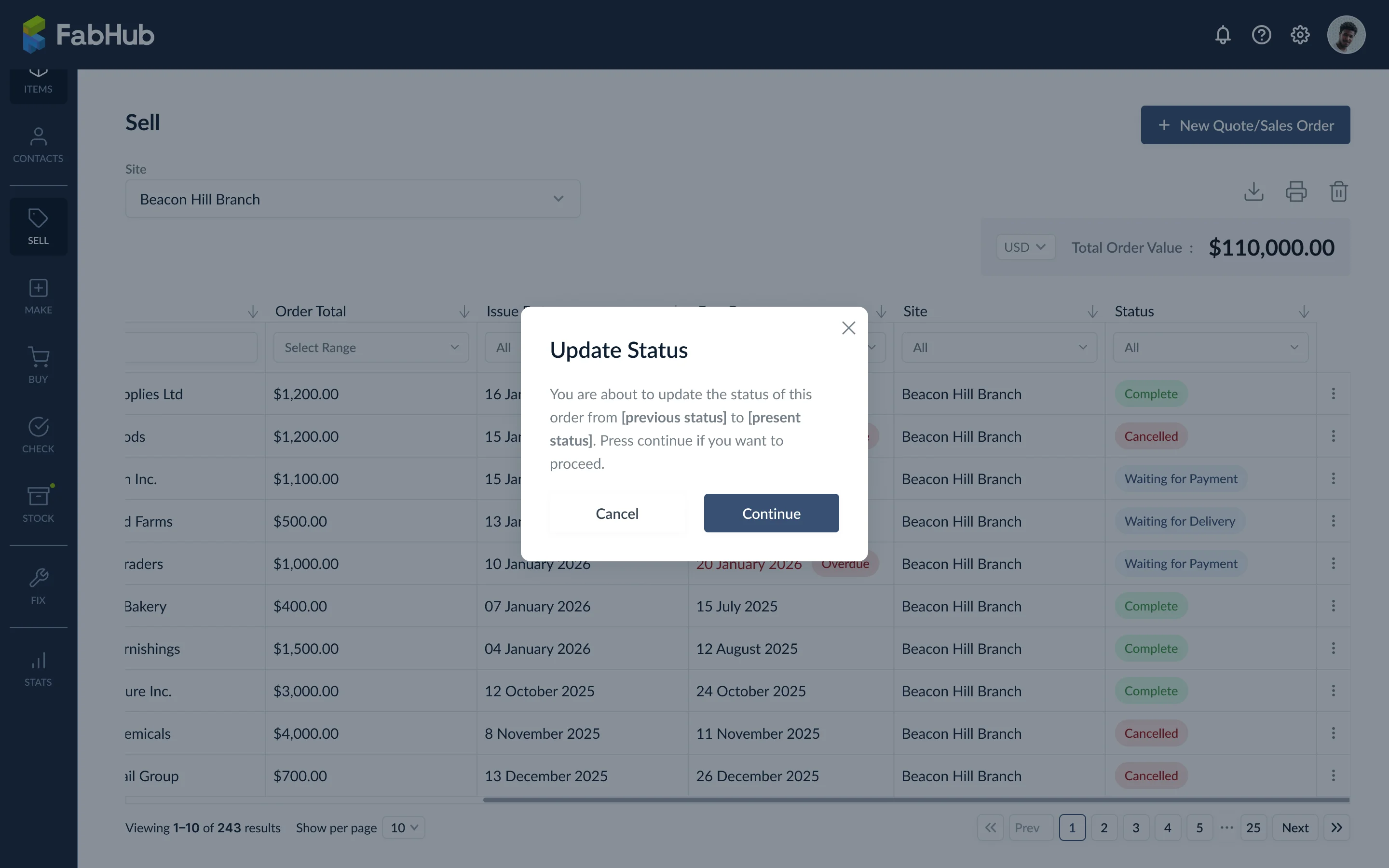 Update status confirmation modal