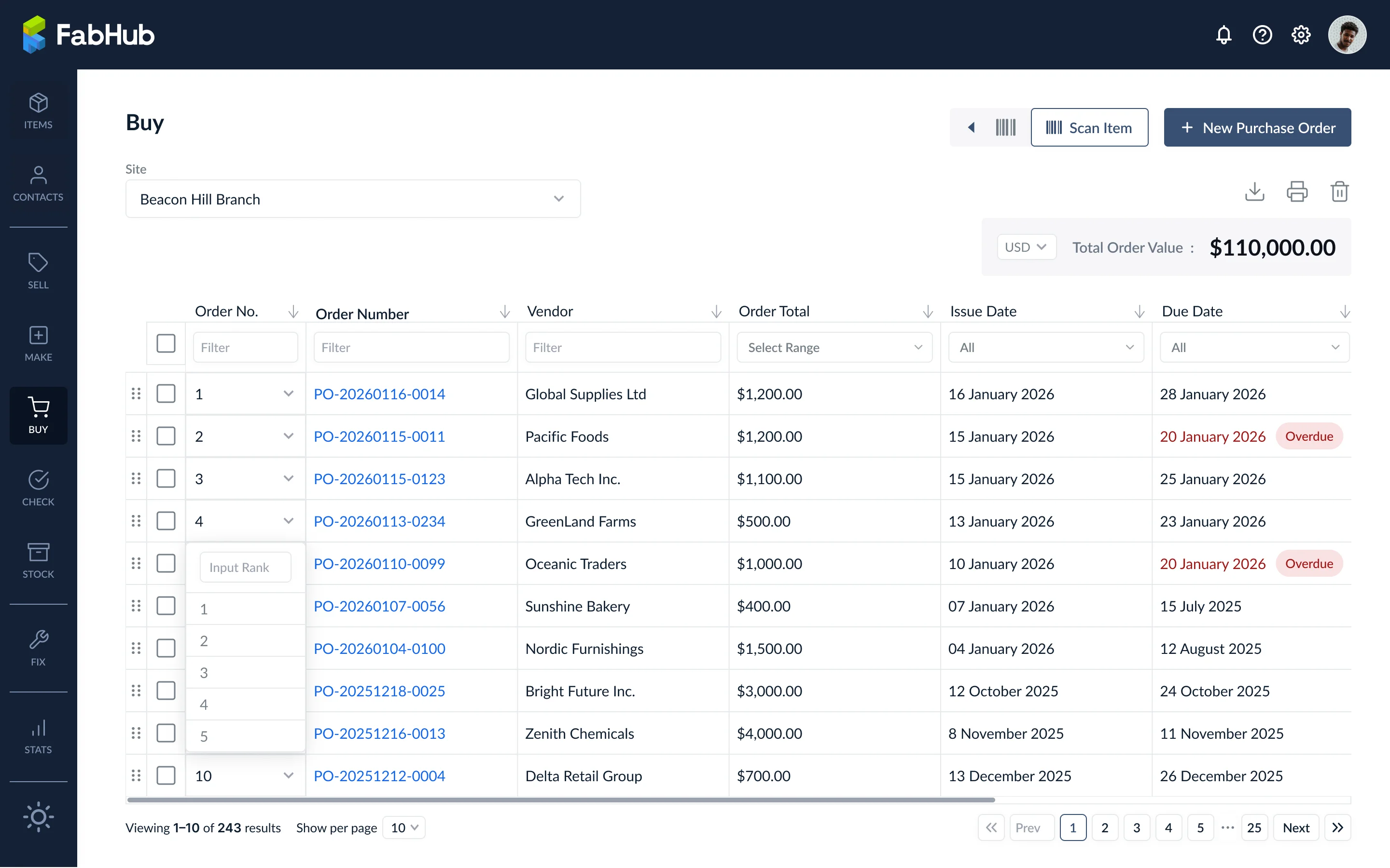 Order arrangement rank input on the Buy table