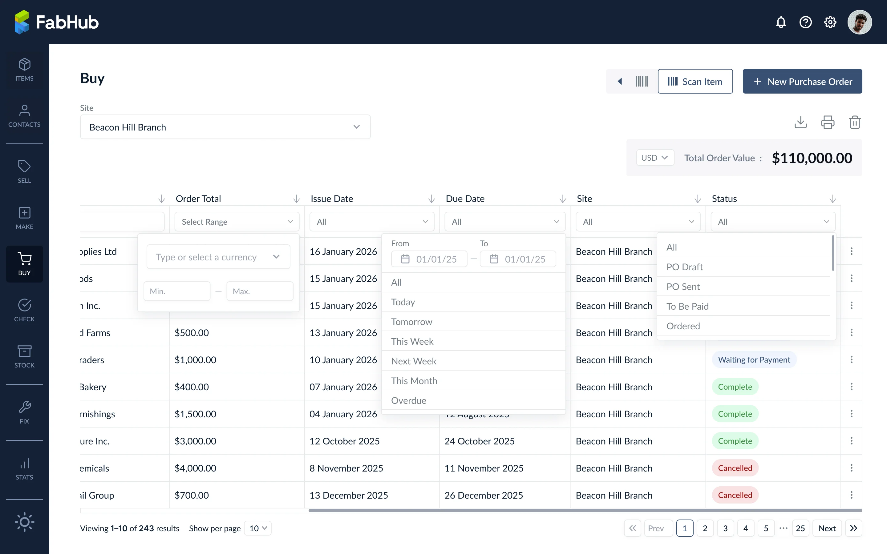 Buy table column filter dropdowns