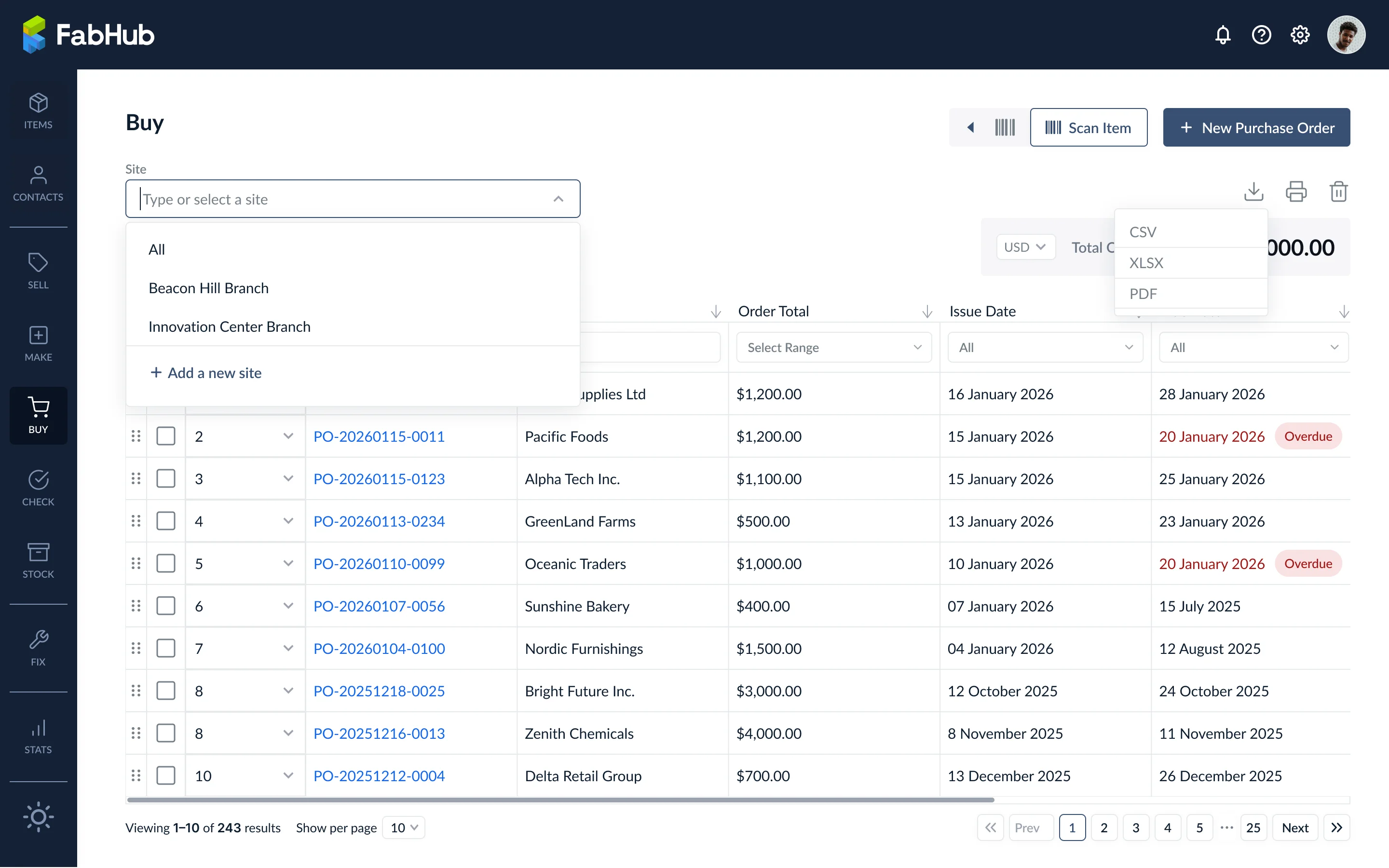 Site dropdown selector