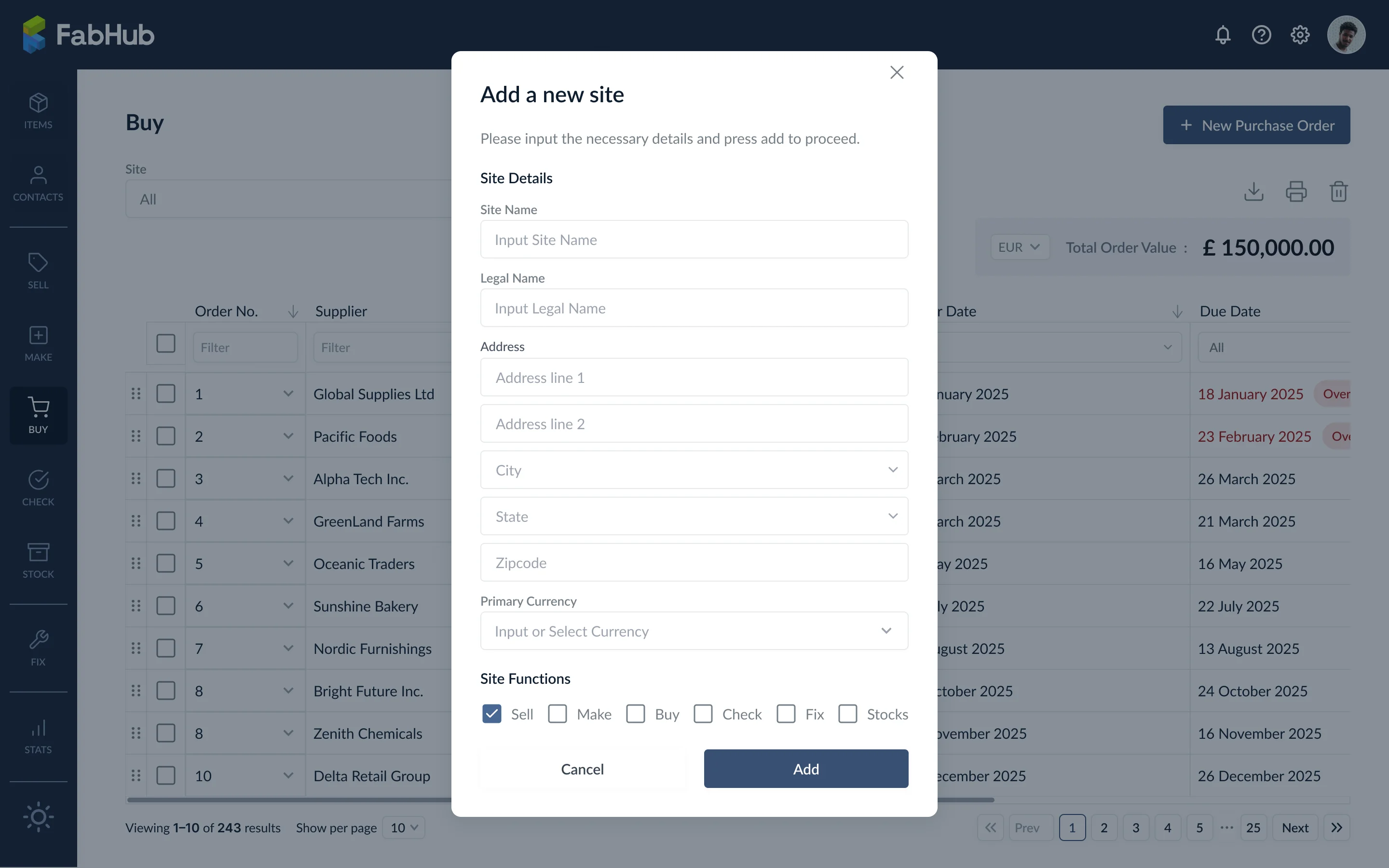 Add a new site modal with site details and functions
