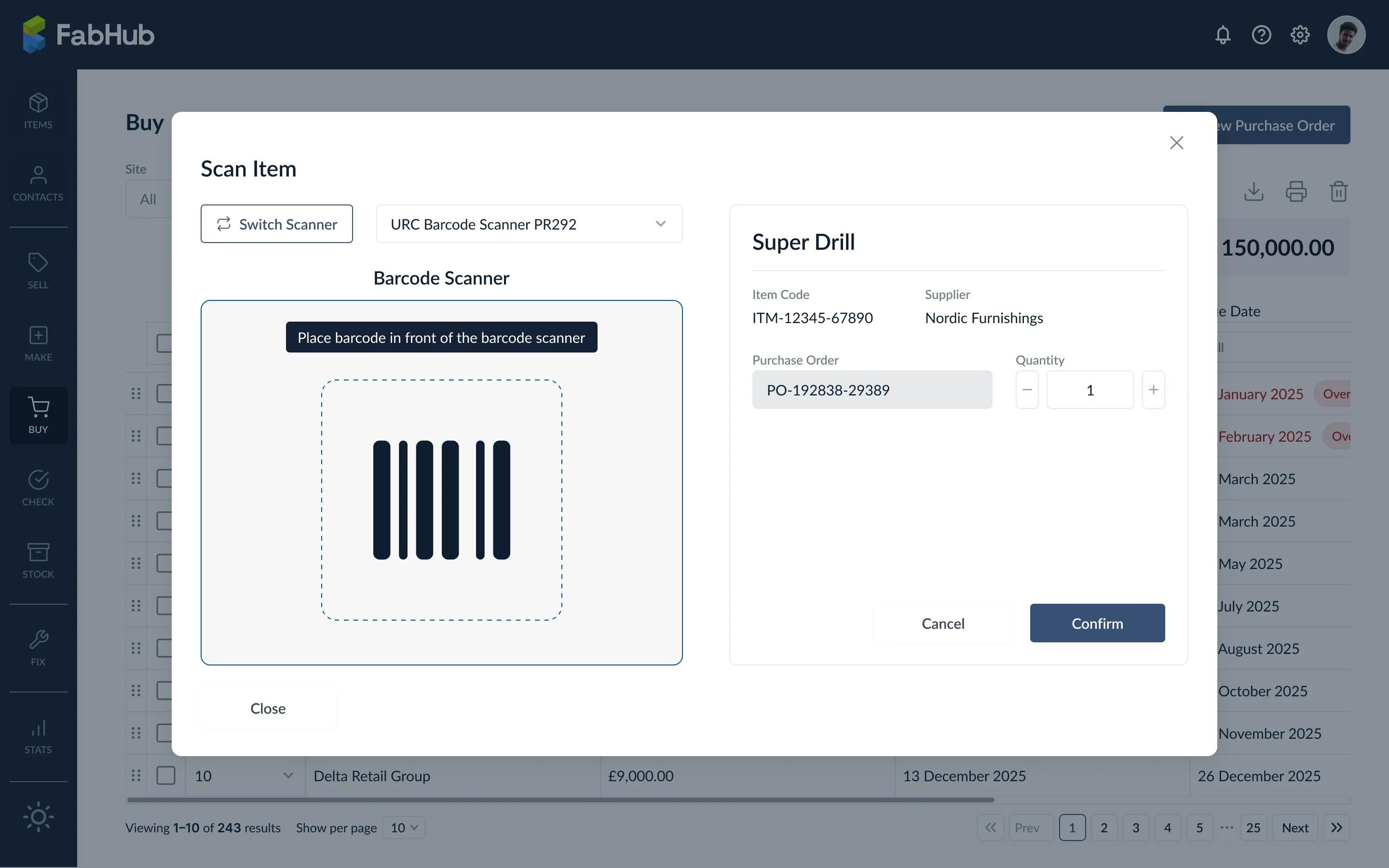 Scan item screen with scanner selection