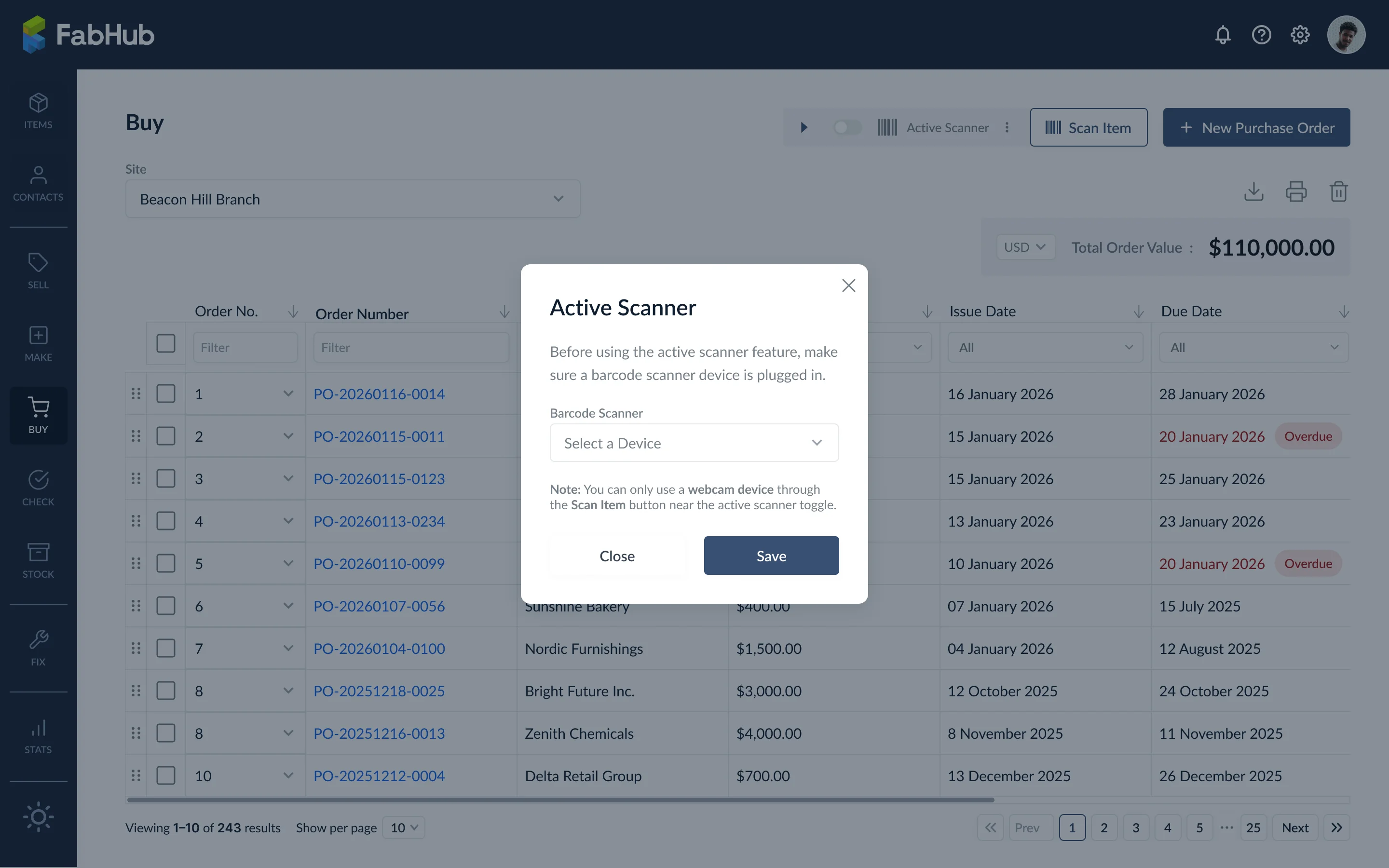 Active scanner setup with device selection
