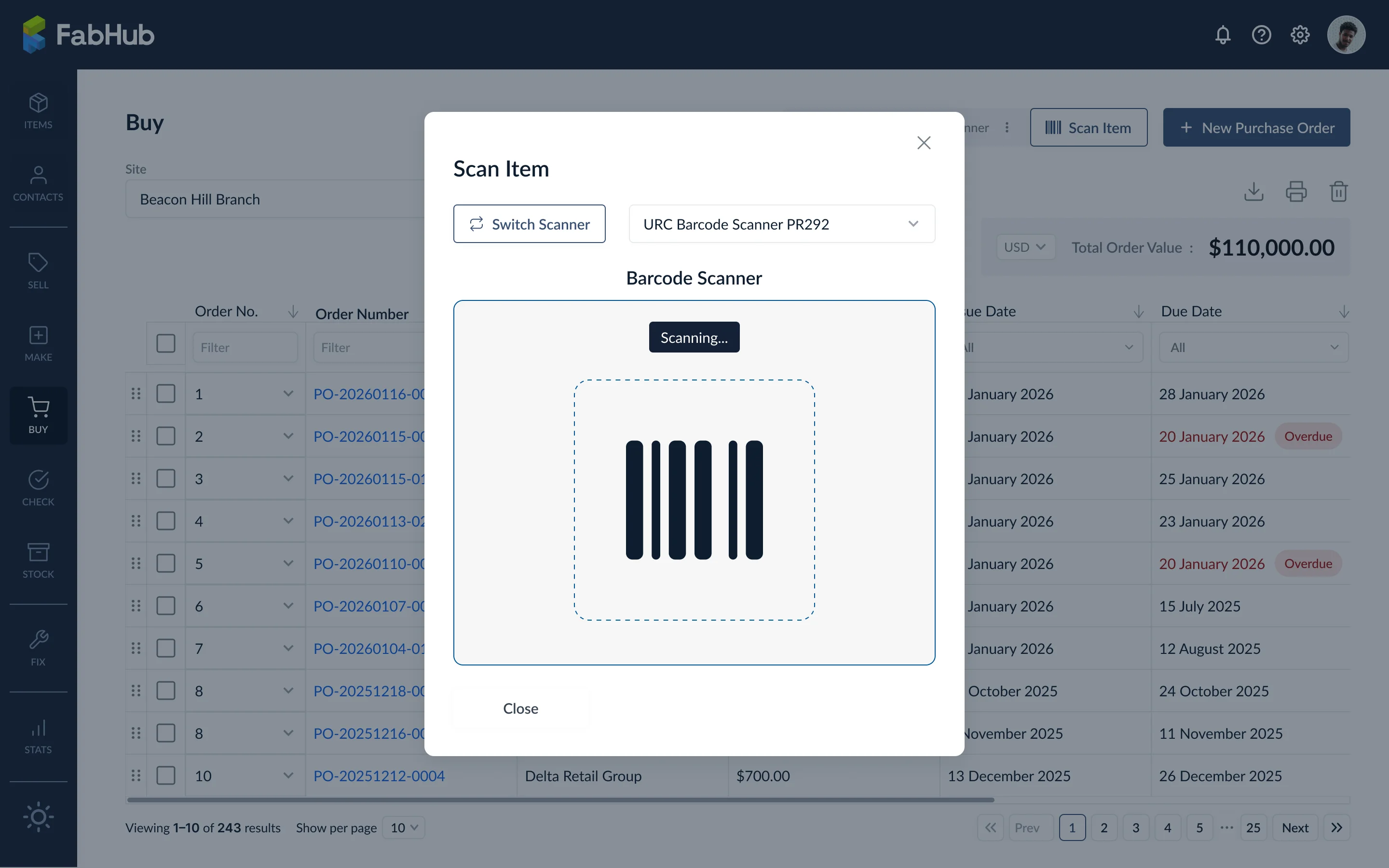 Barcode scanner active in the Buy module