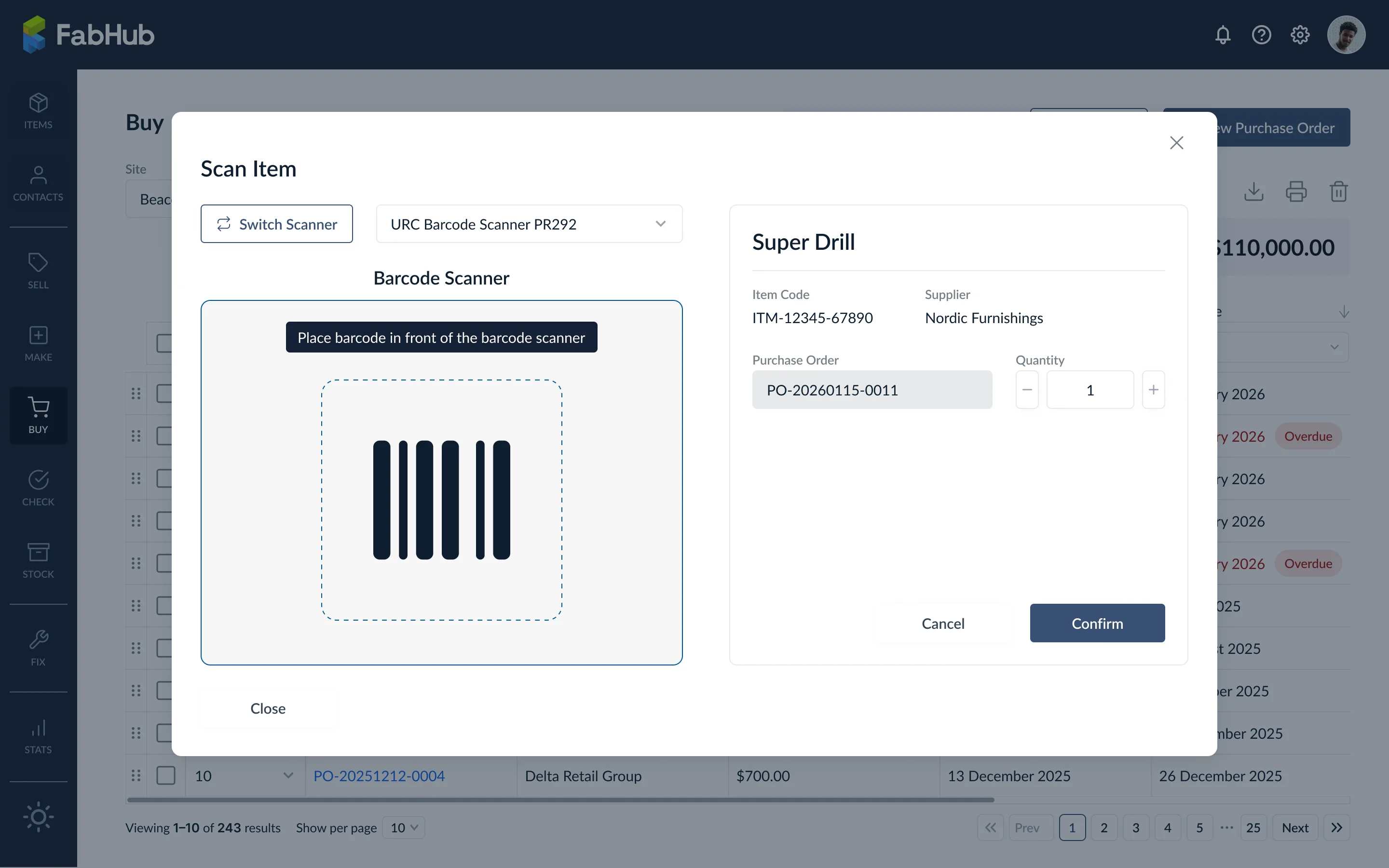 Barcode scanner with detected item