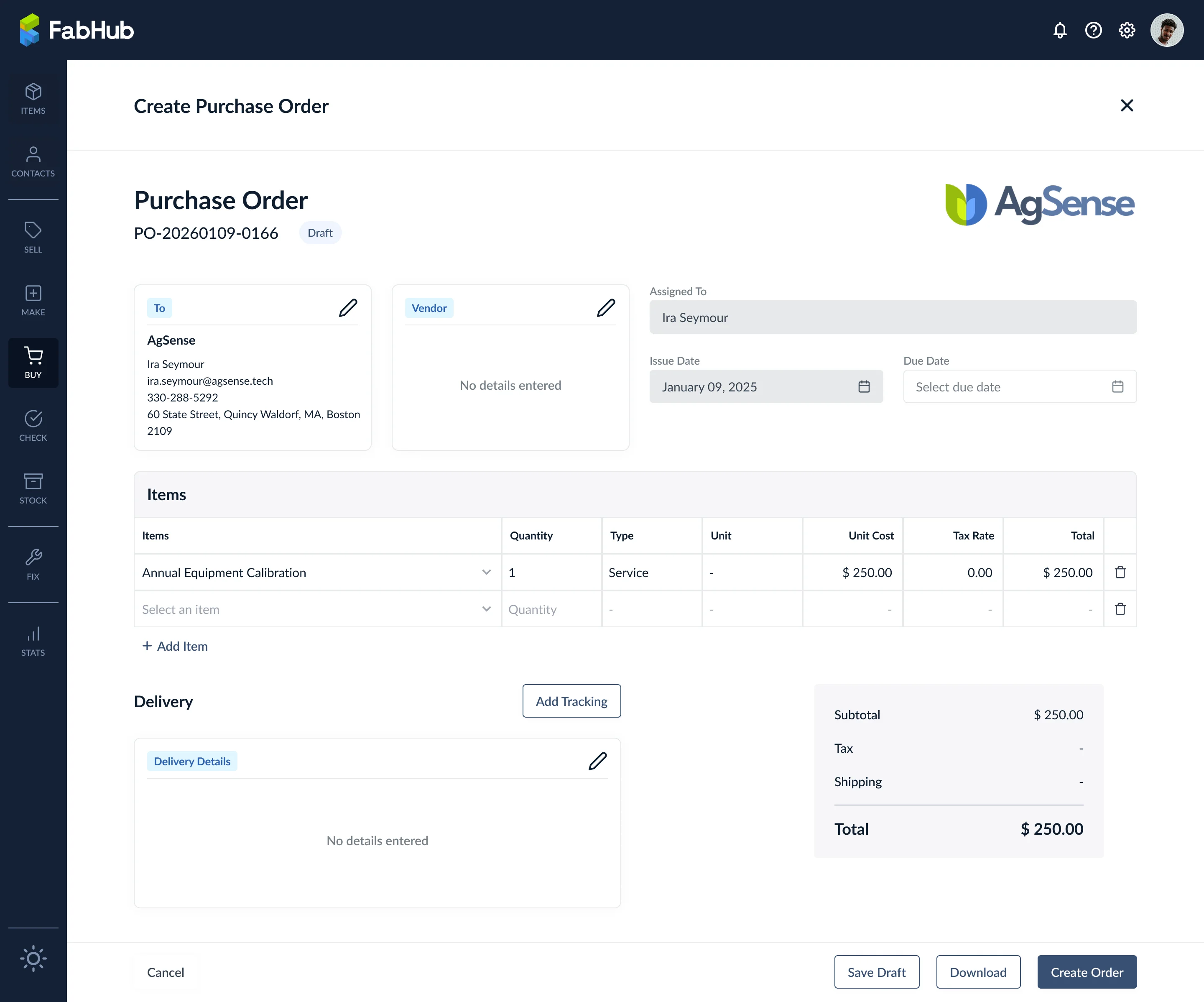 Create purchase order main dashboard in draft state