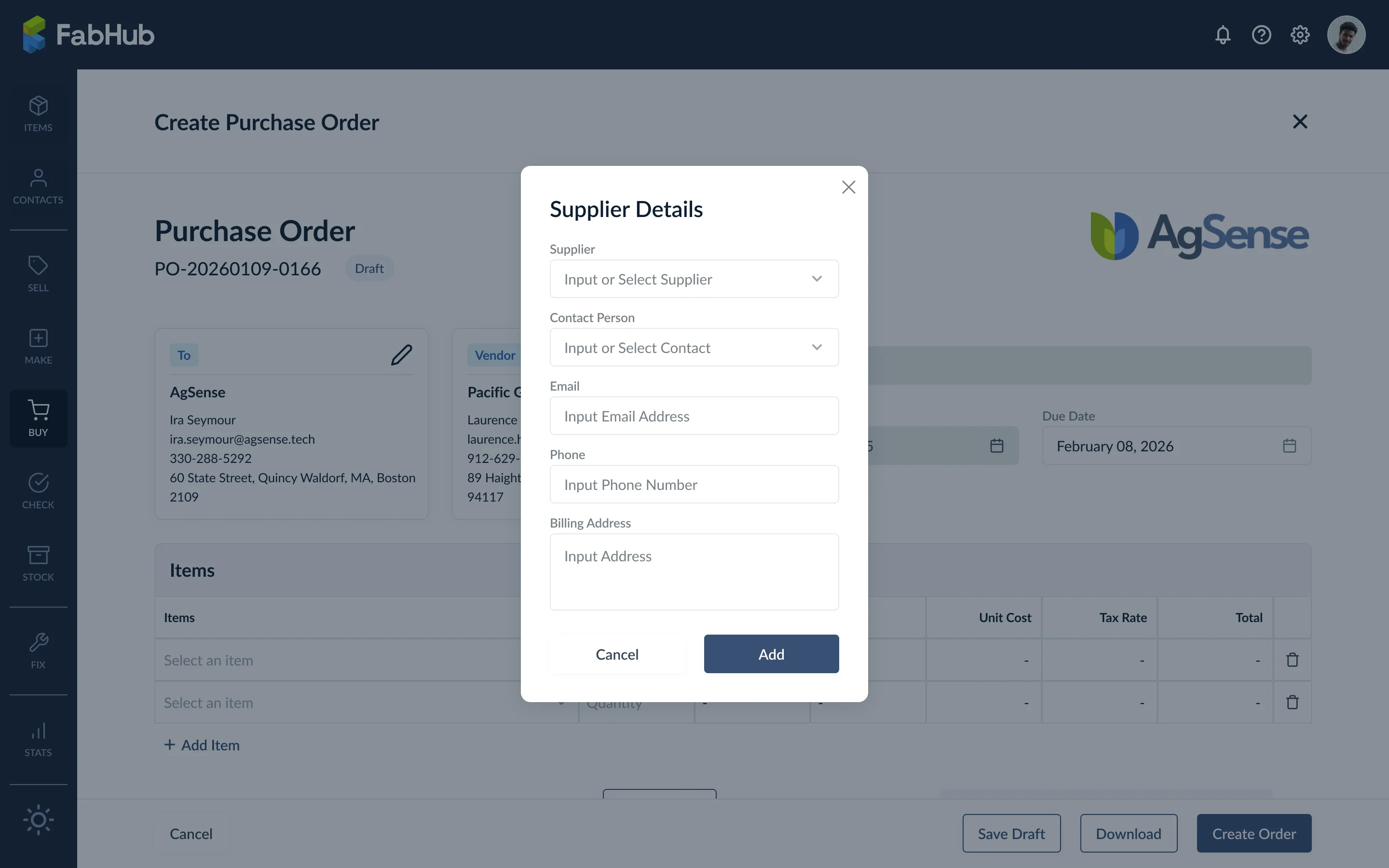 Supplier details form on the create purchase order screen
