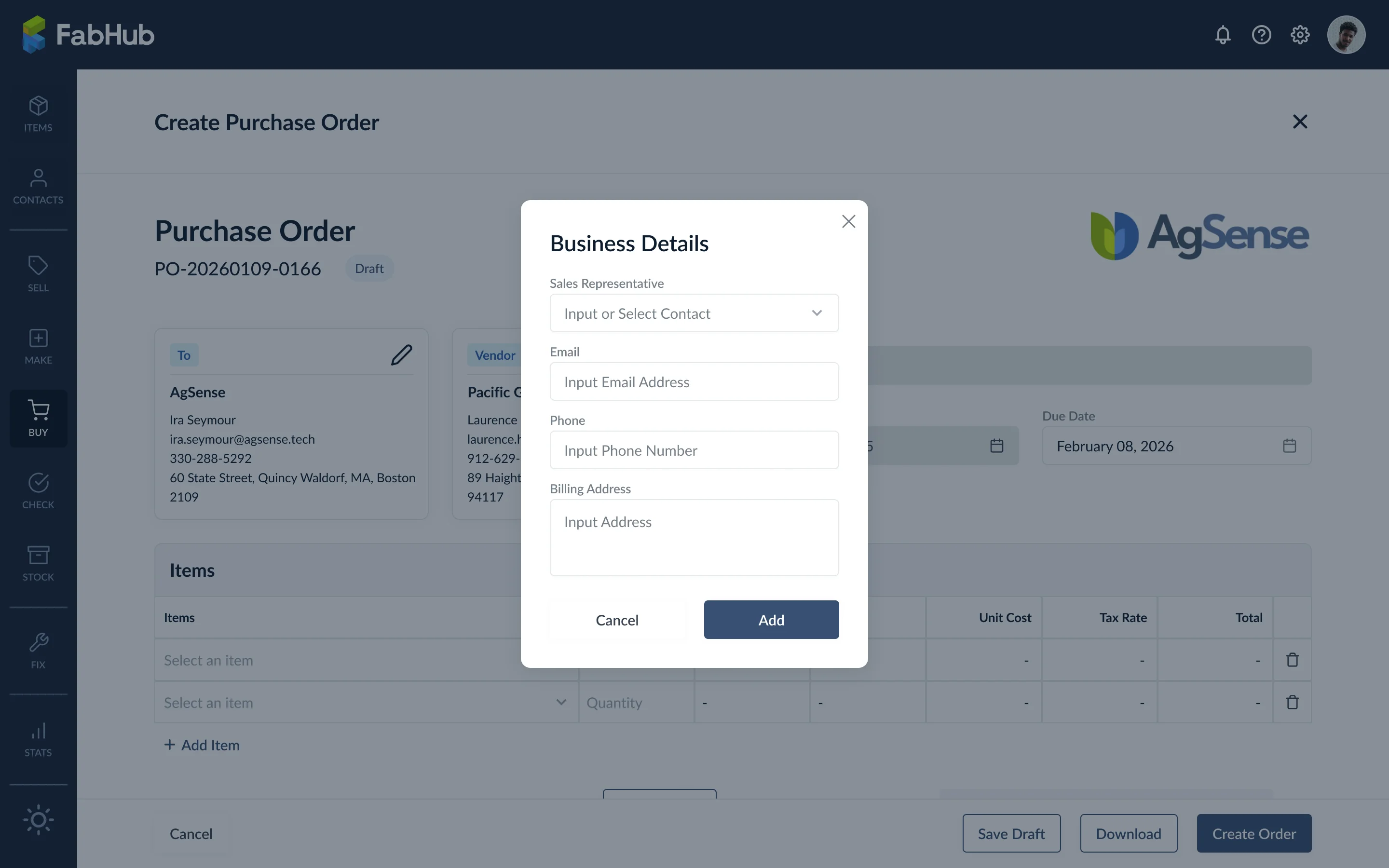 Business details form on the create purchase order screen