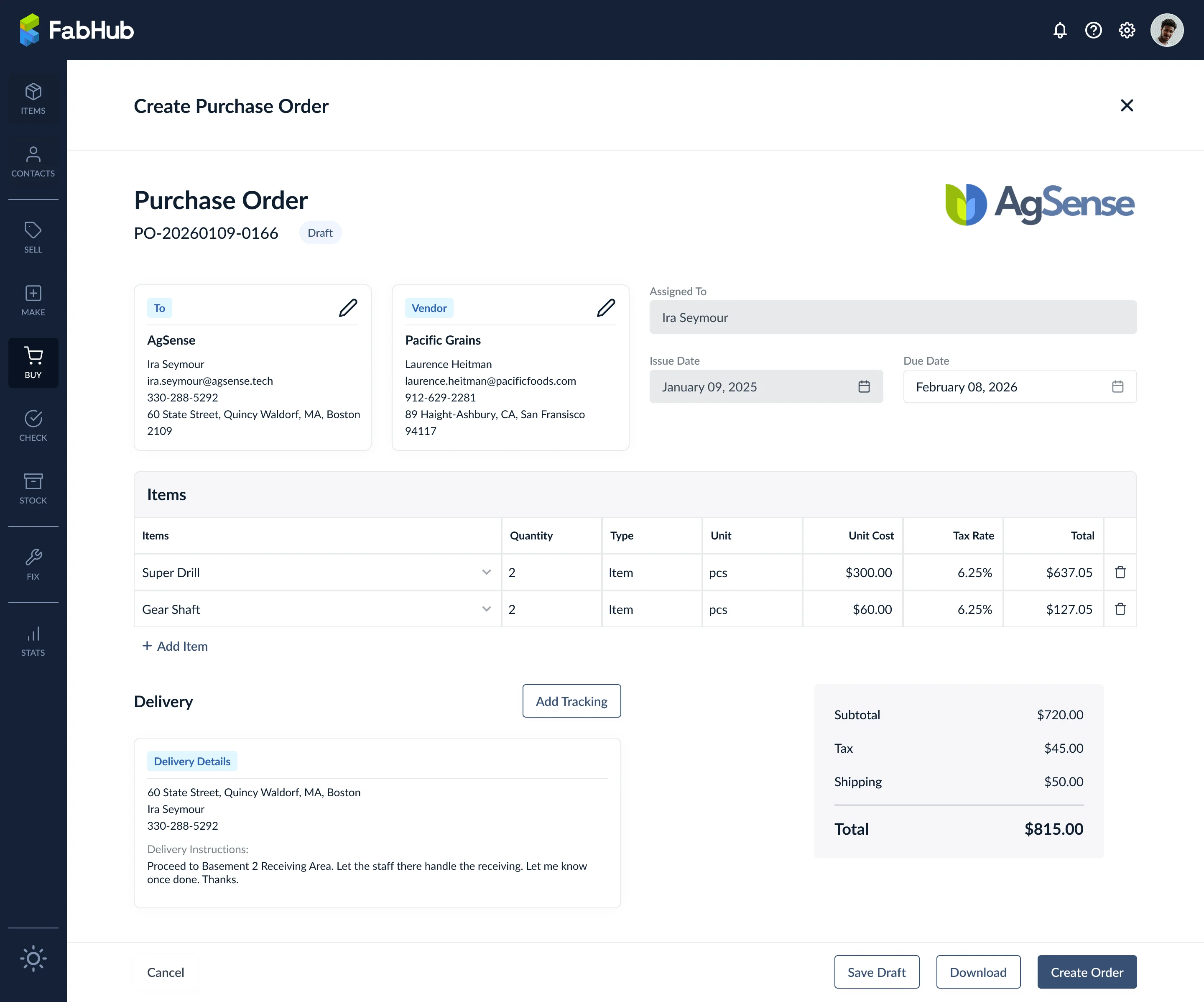 Completed purchase order with totals breakdown