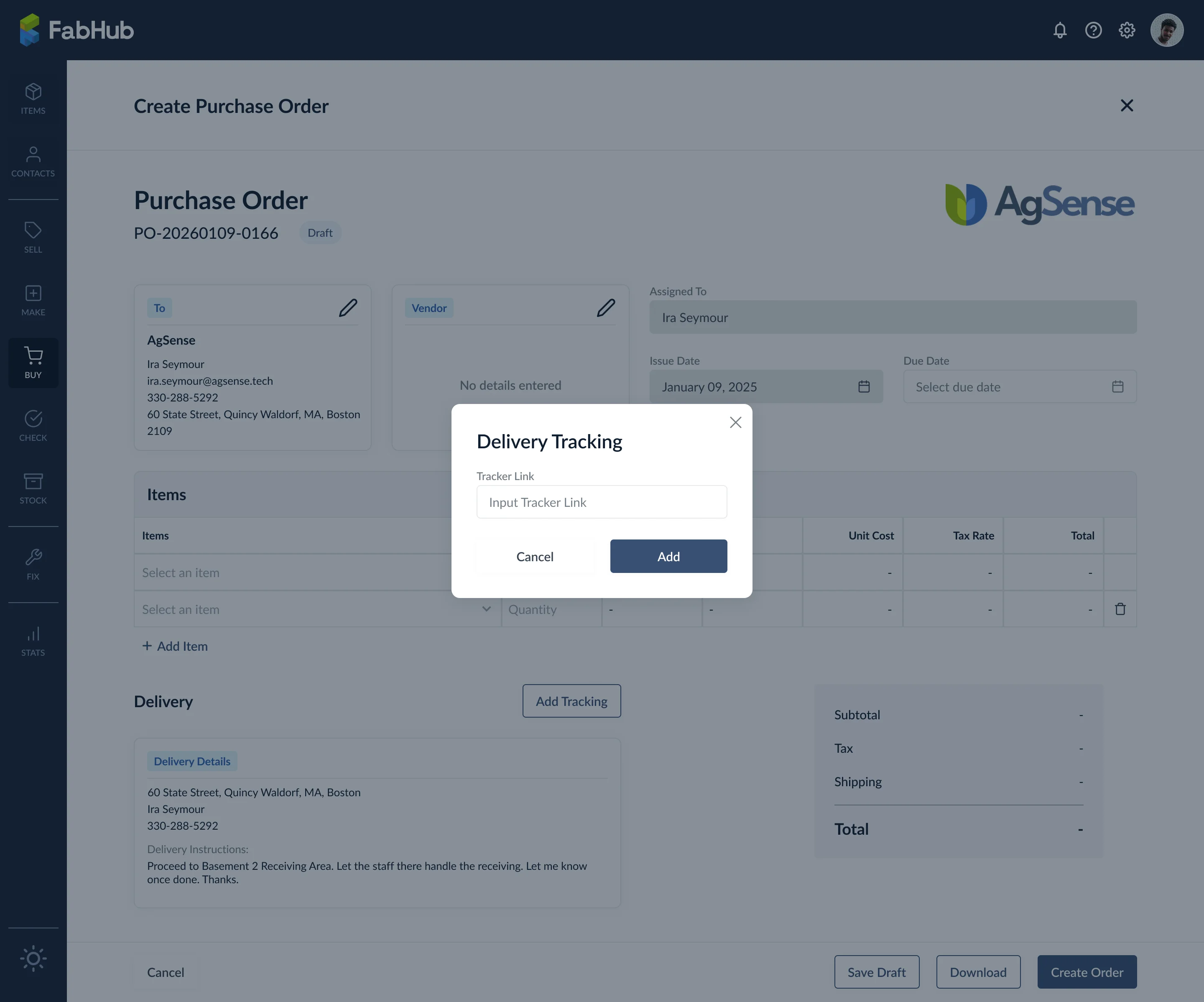 Add tracking input on the create purchase order screen