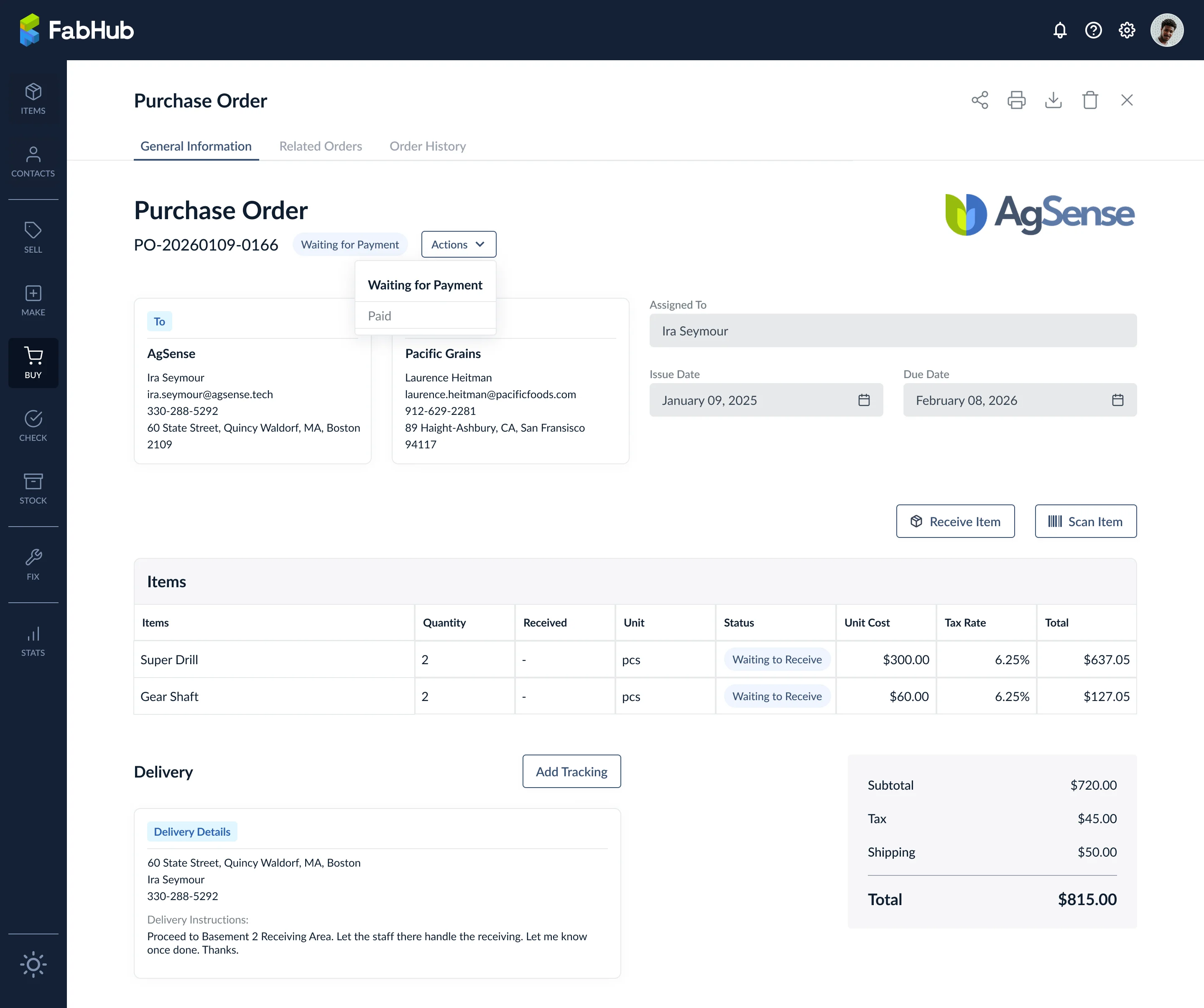 View purchase order with actions menu