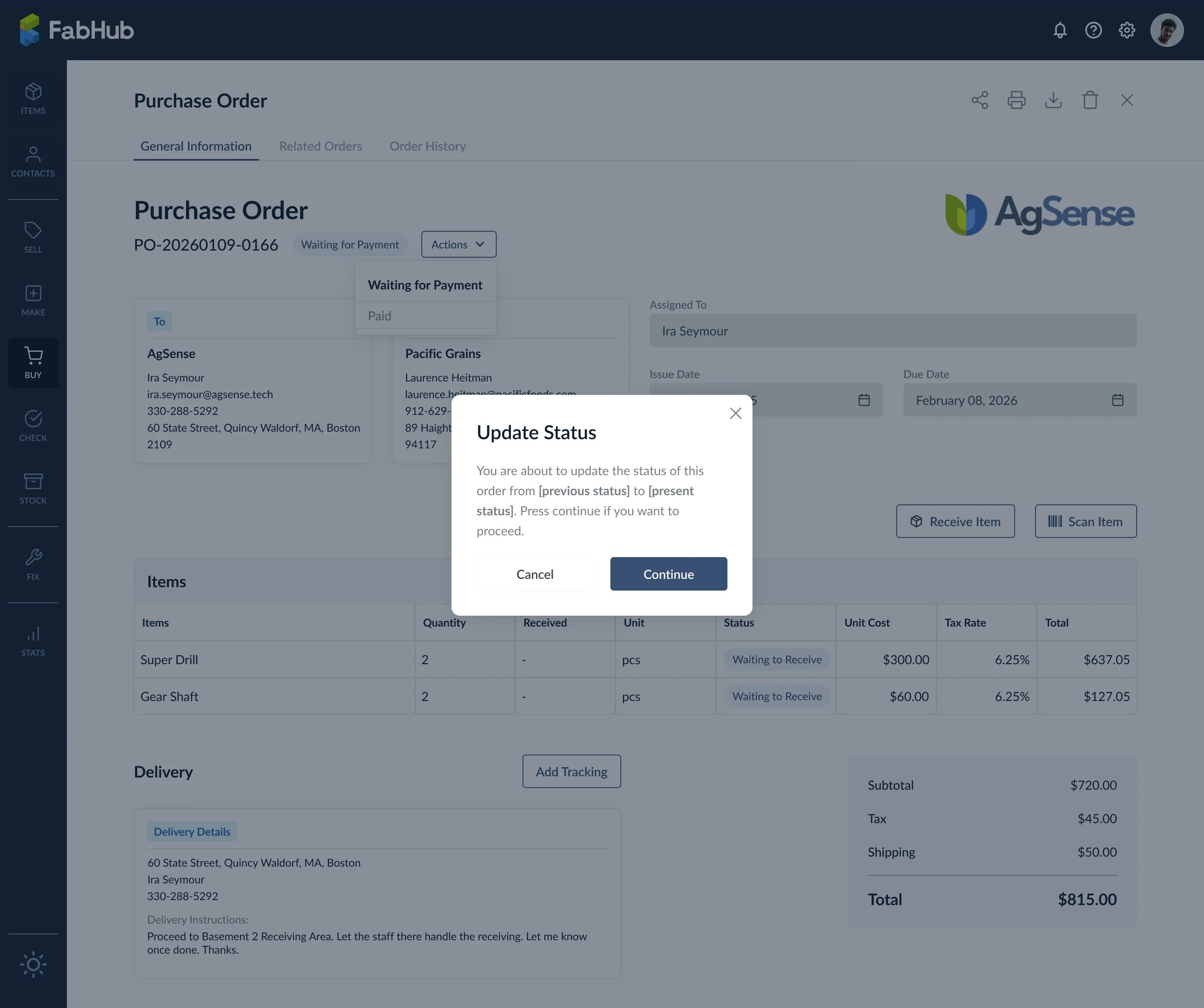 Update status confirmation modal on a purchase order