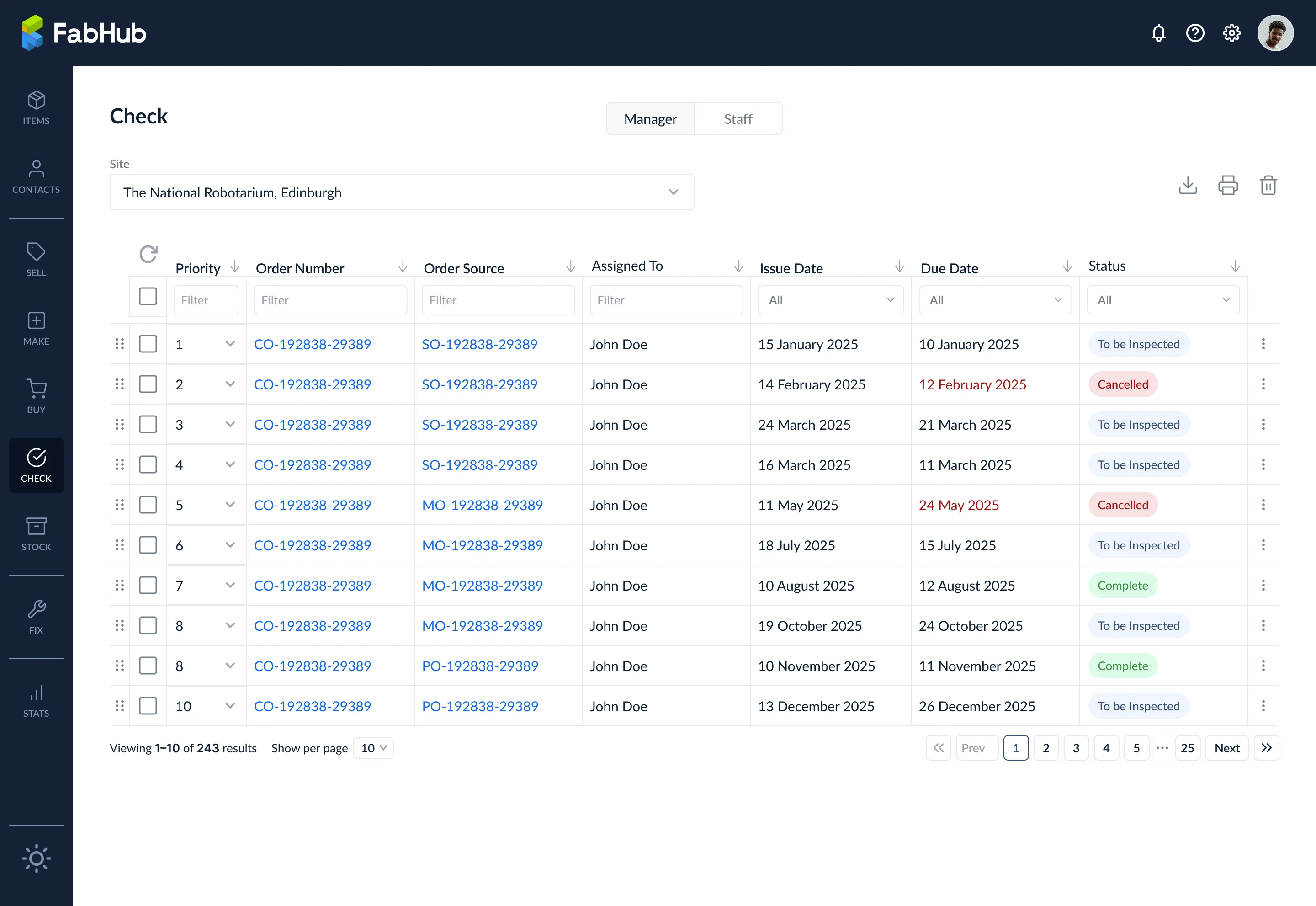 Manager table view of Check Orders