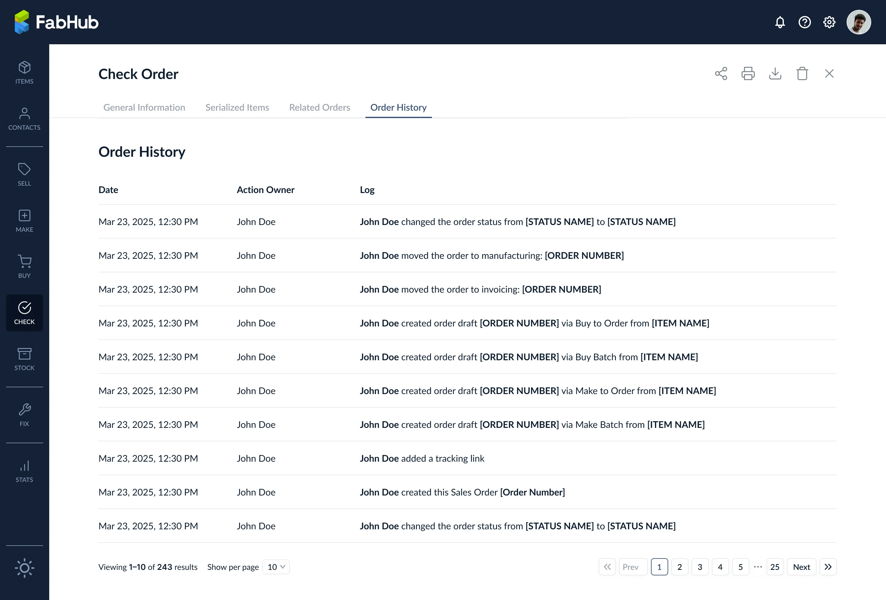 Order history audit trail