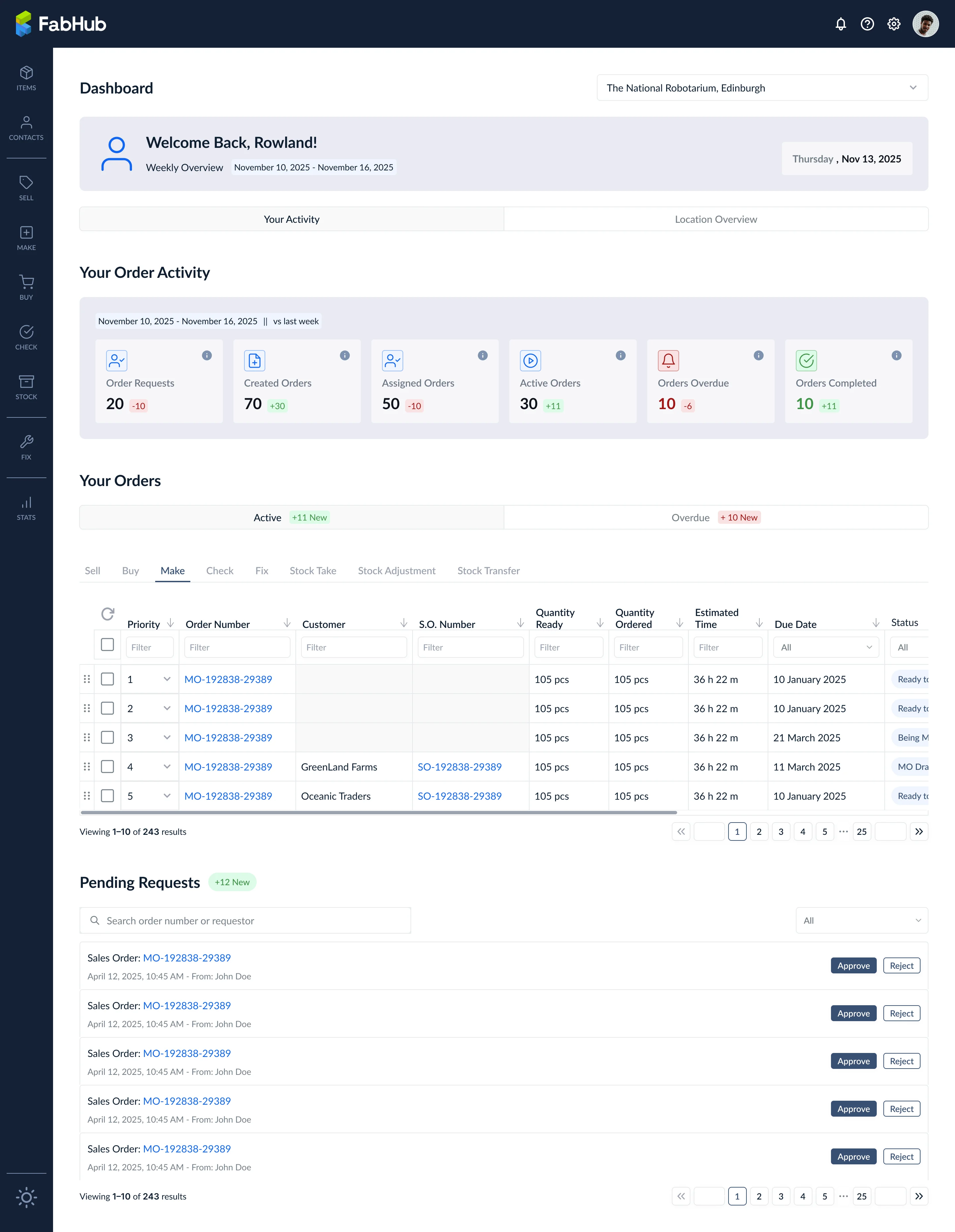 Main Dashboard with order activity, your orders, pending requests, and location overview