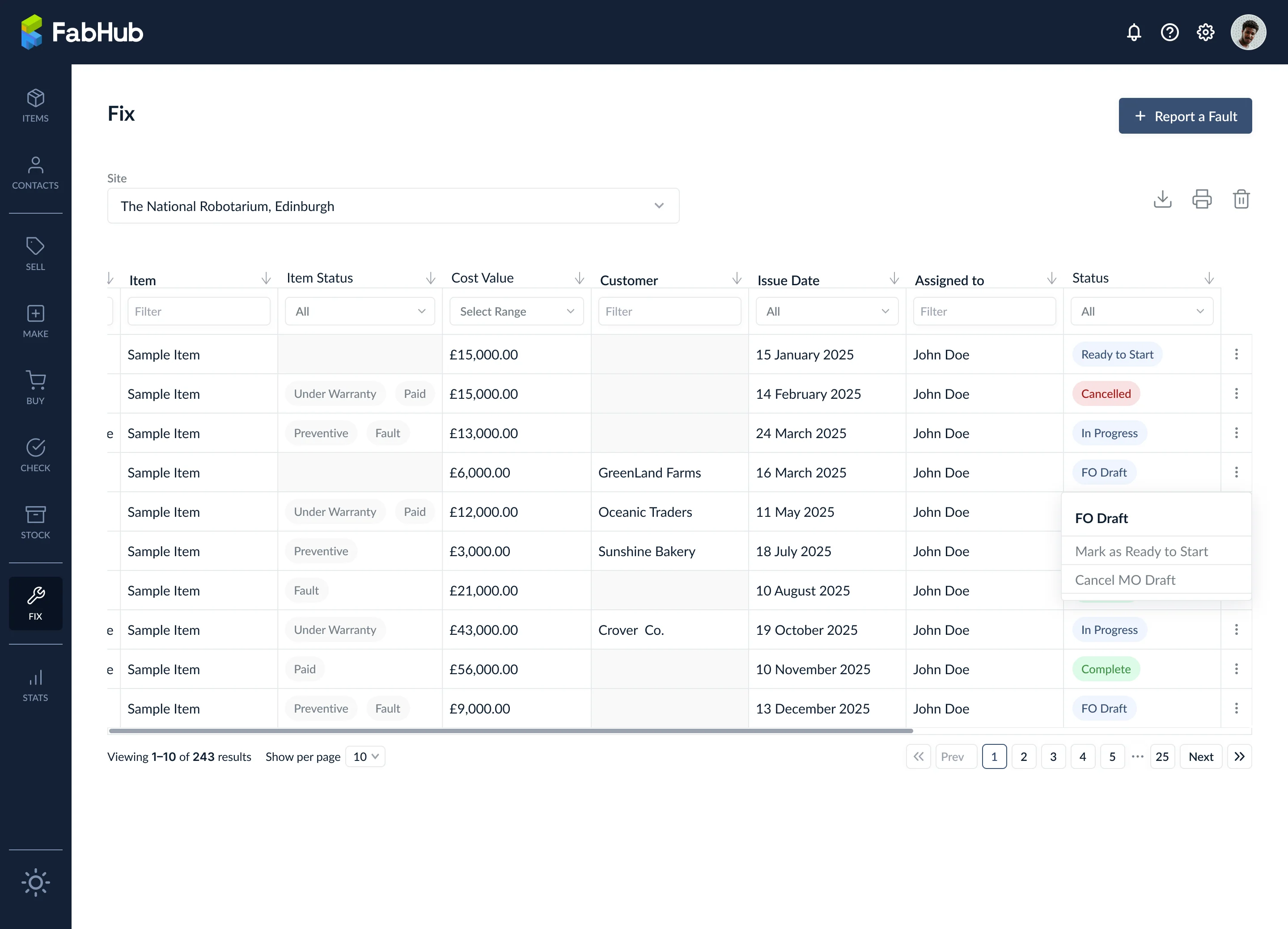 Updating status from the row actions menu