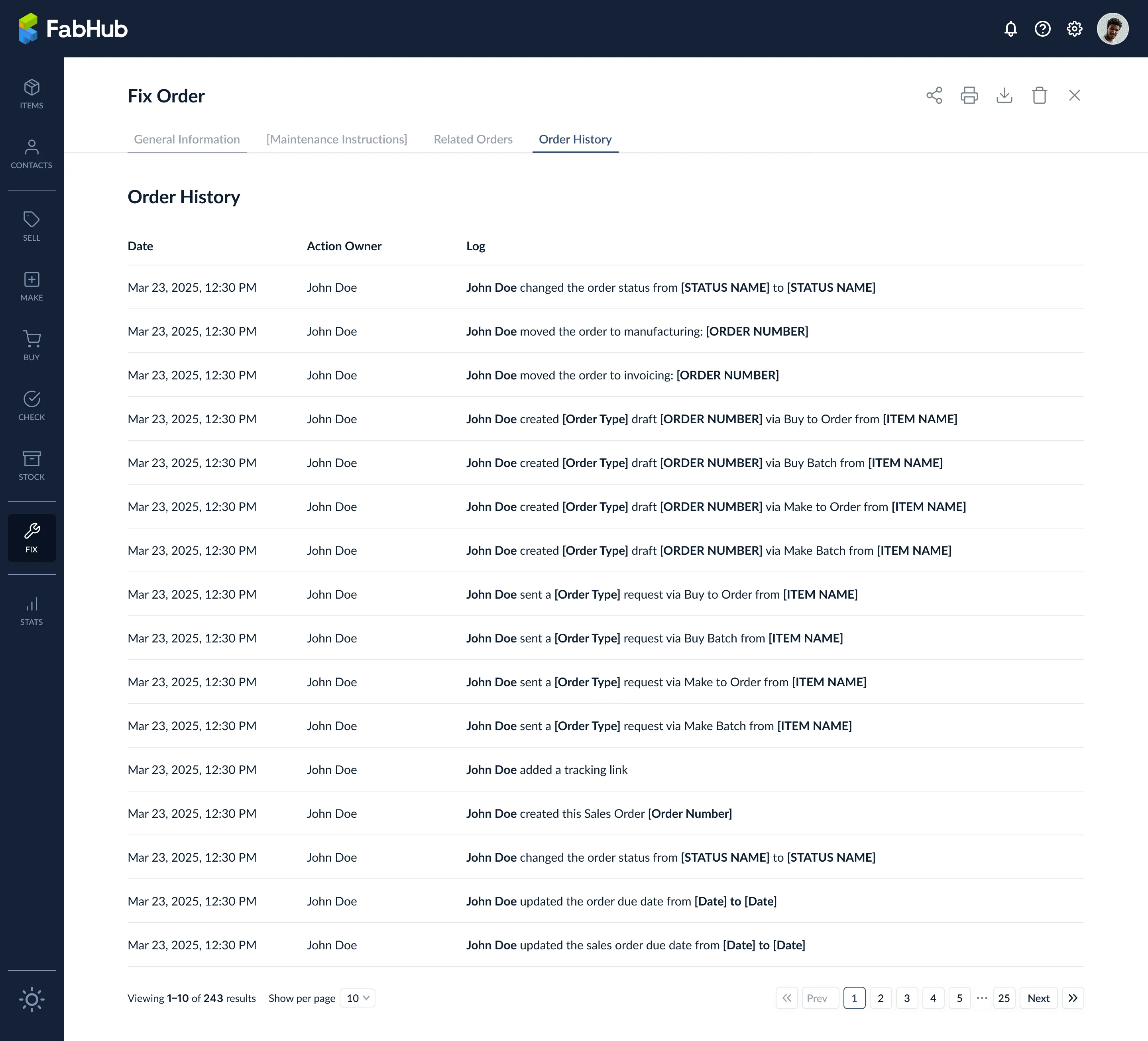 Order History tab with the audit trail