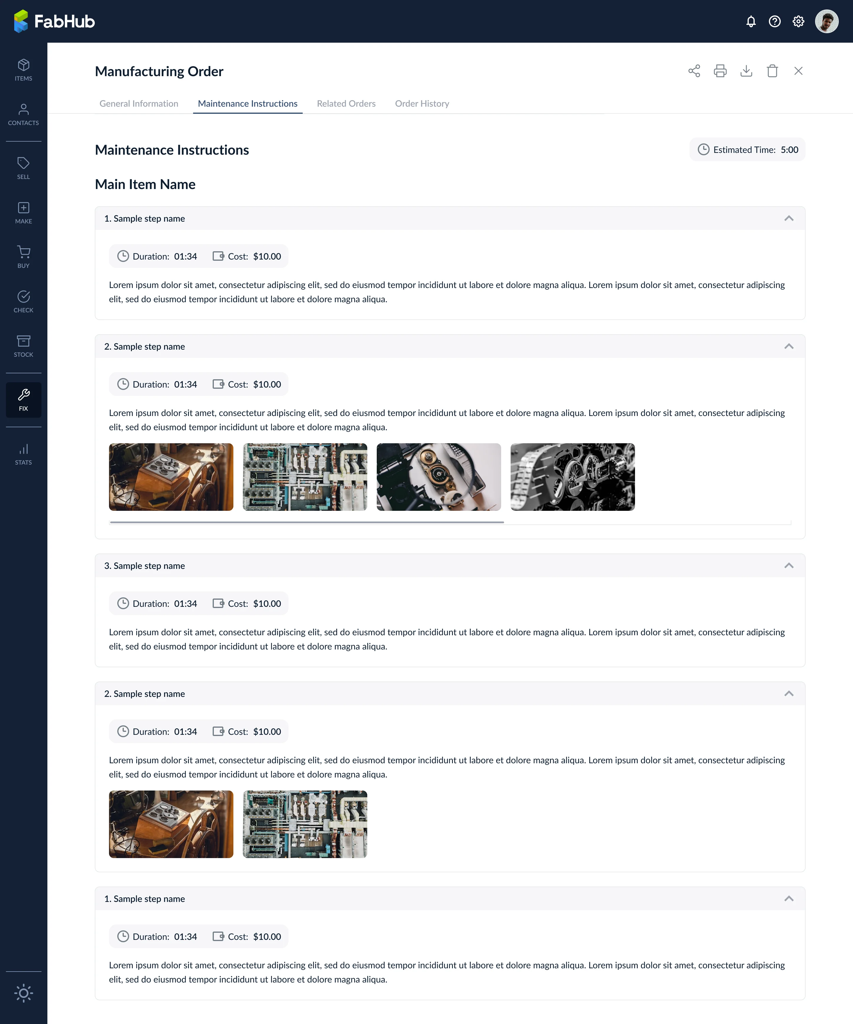 Maintenance Instructions tab populated from the item's SOPs