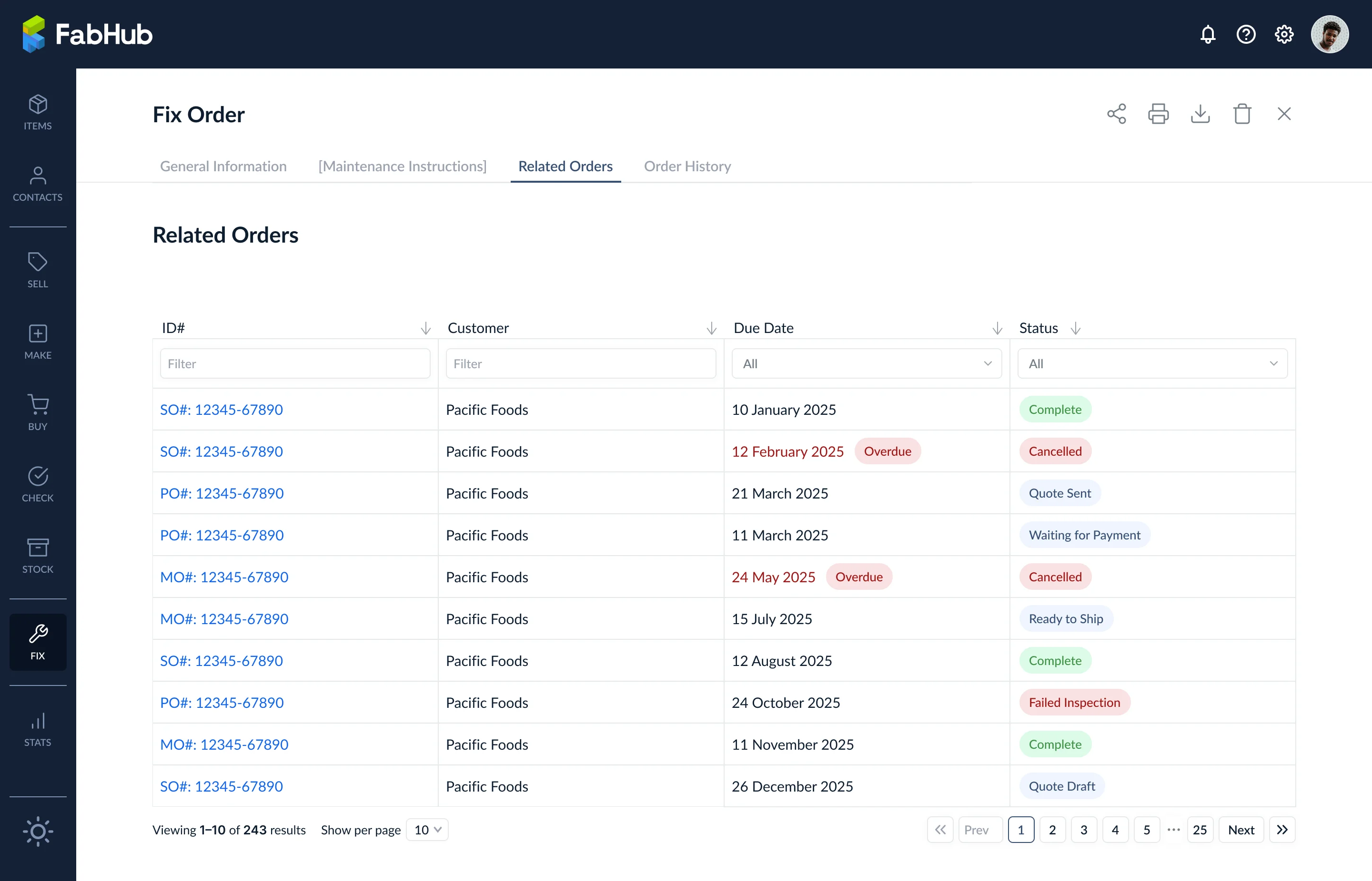 Related Orders tab tracking child POs, MOs, and SOs