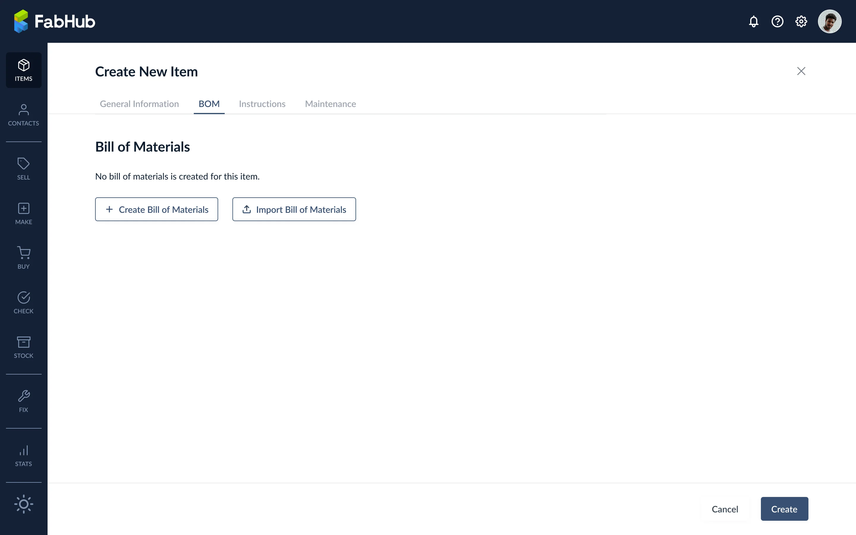 BOM tab main dashboard with empty state