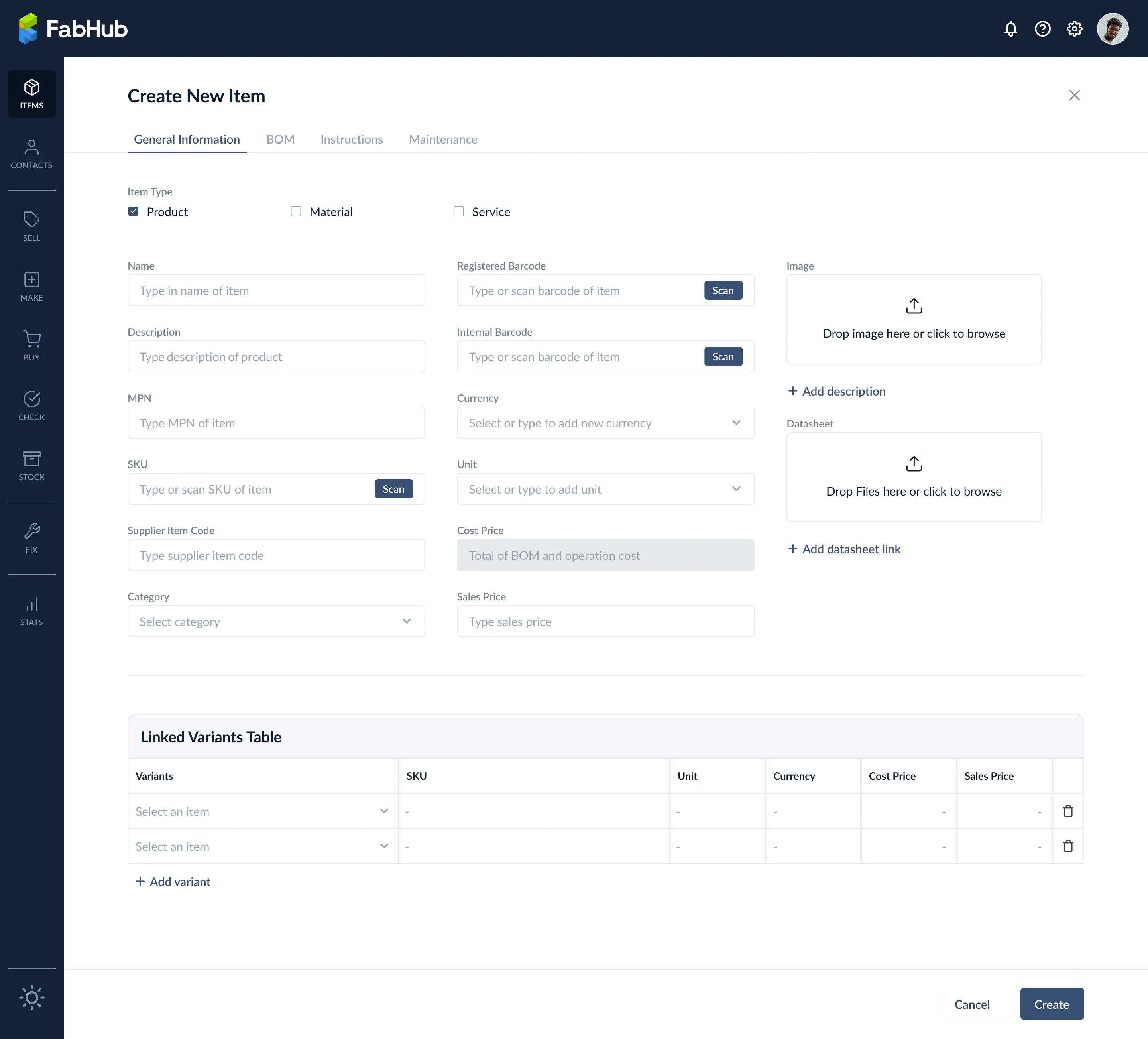Create new item: Product type selected