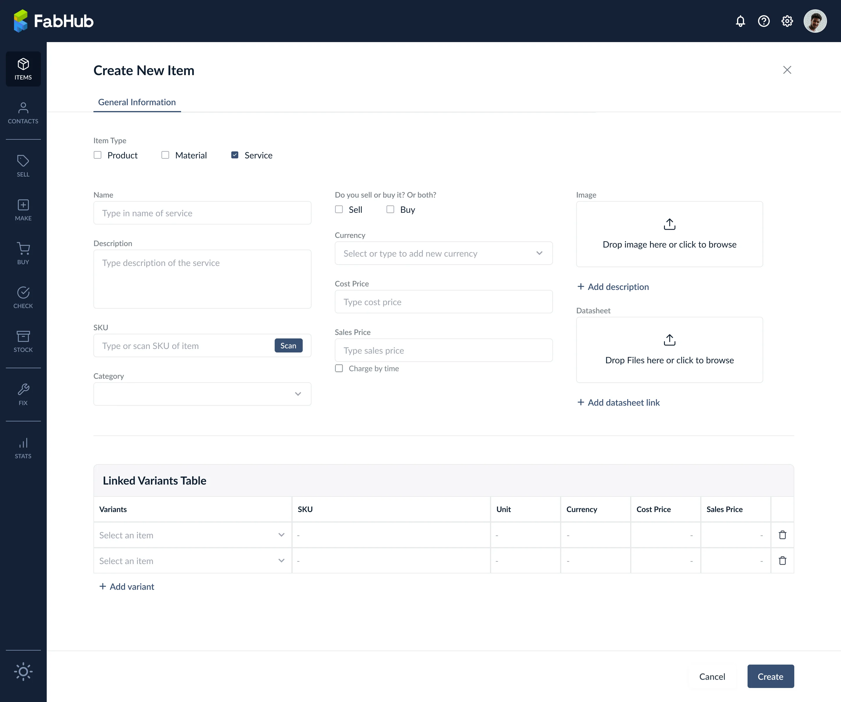Create New Item with Service type selected