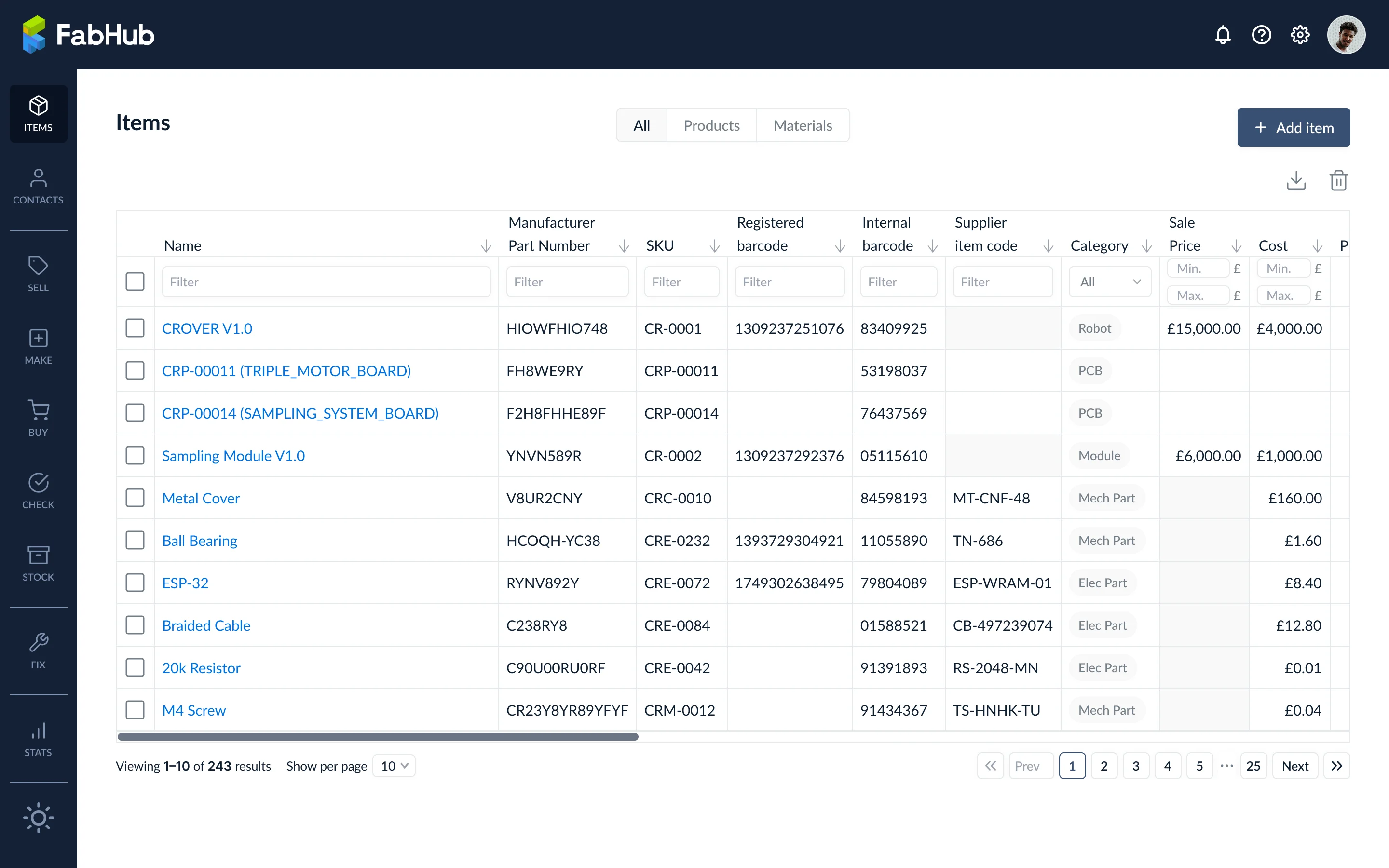 Items main dashboard with all items in a table
