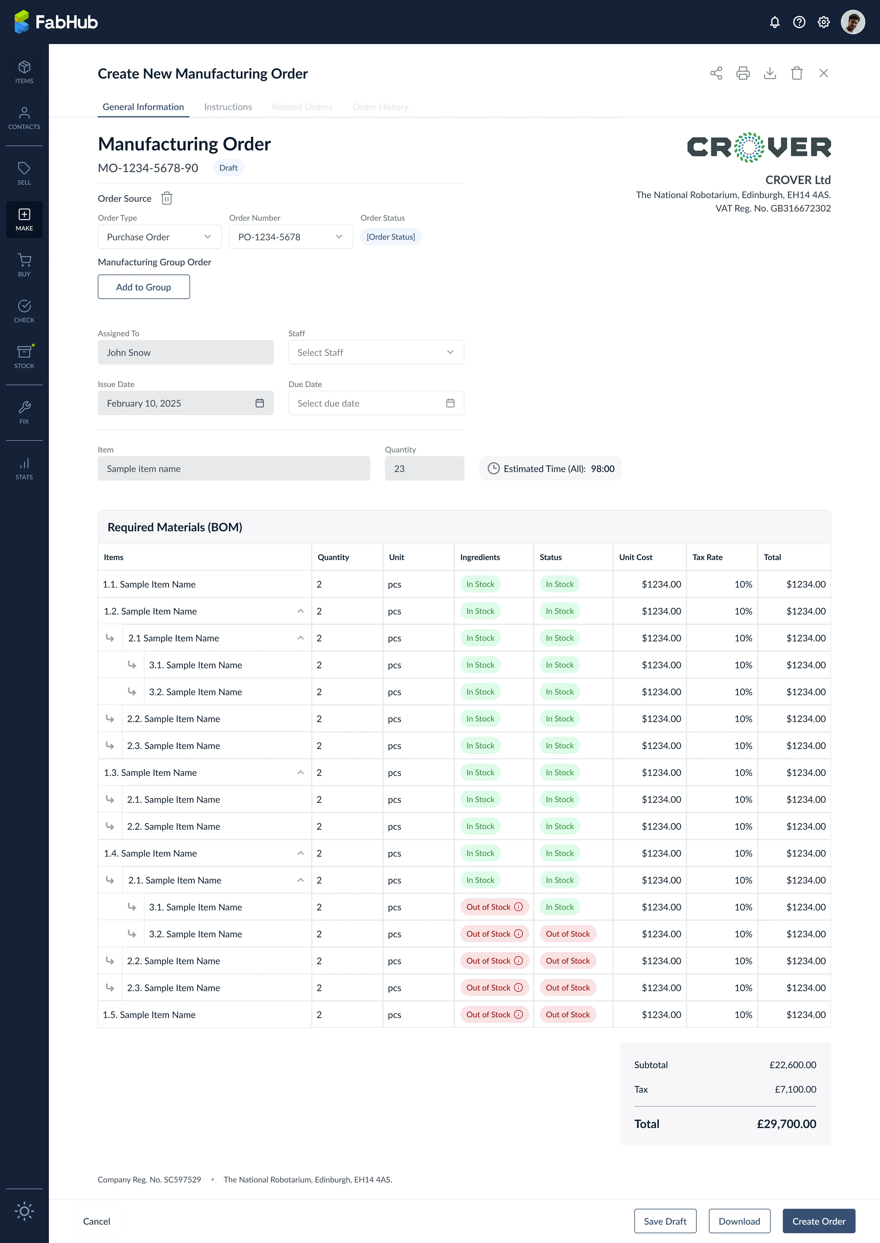 New Make Order form
