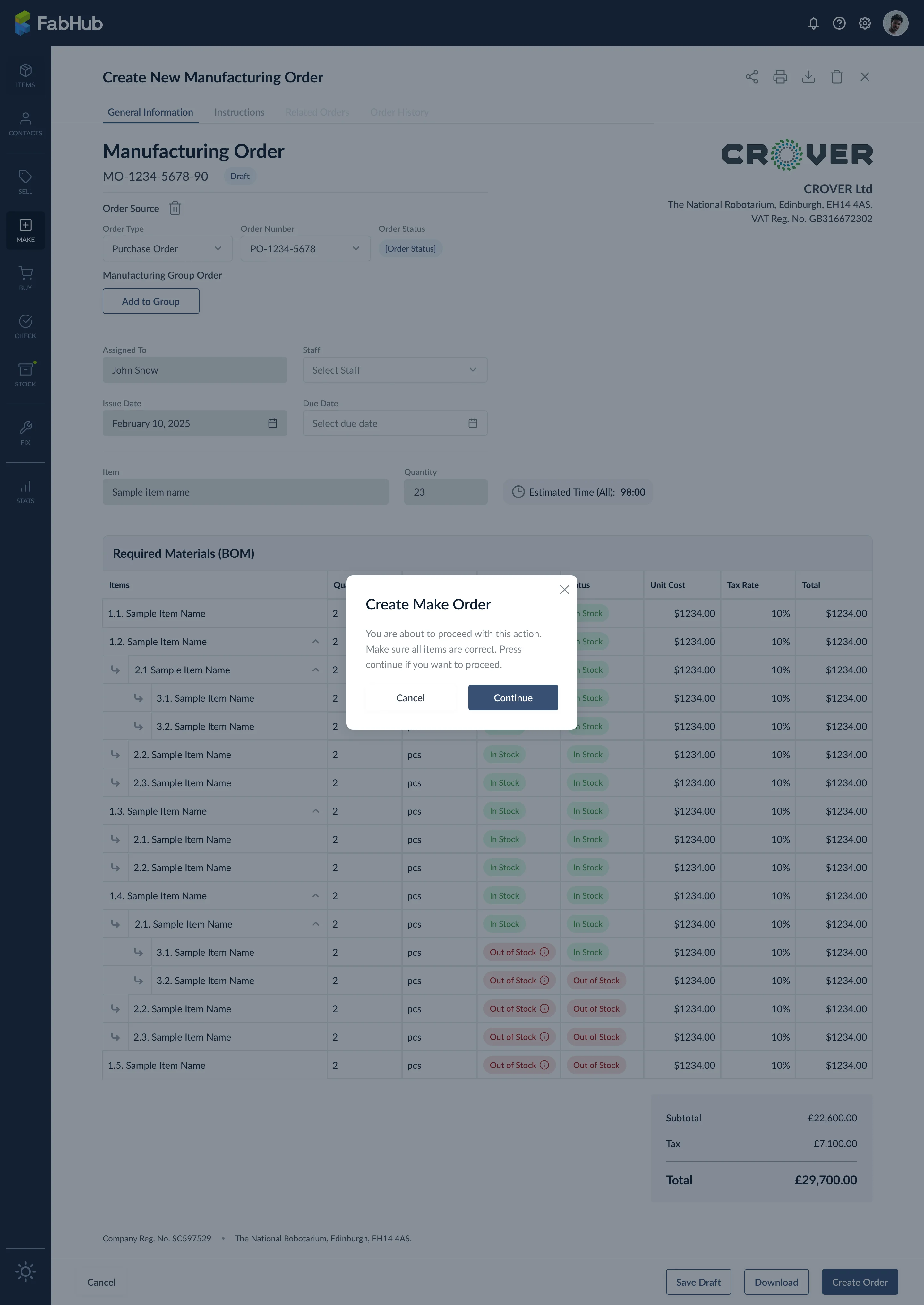 Create Make Order confirmation