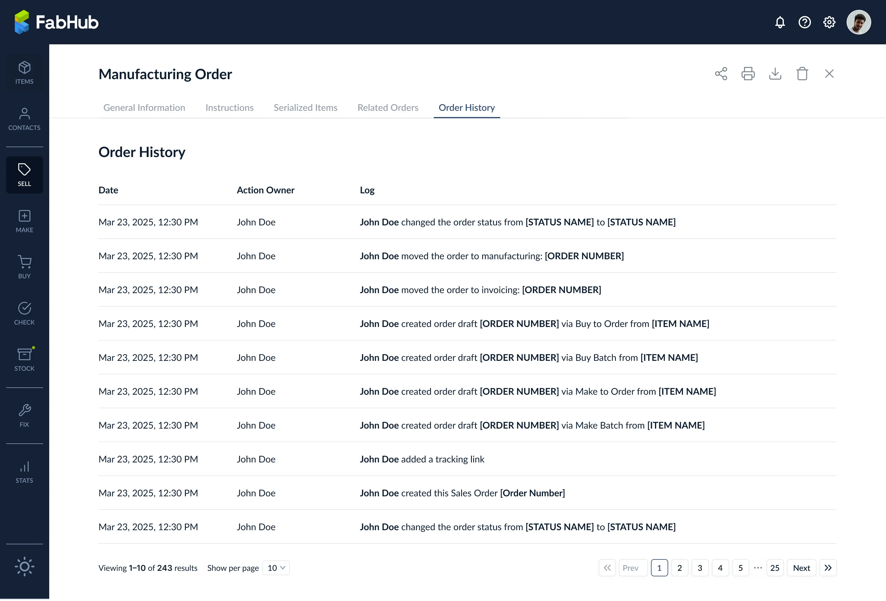 Order History tab