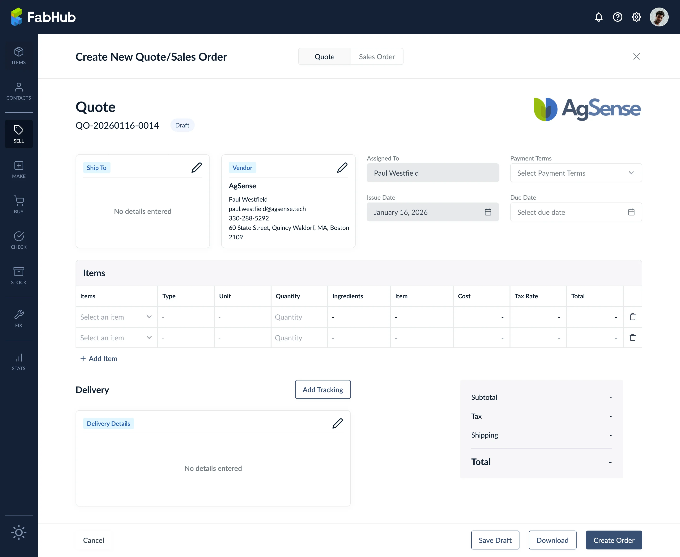 Empty Quote creation form with header, items, delivery, and financial summary blocks