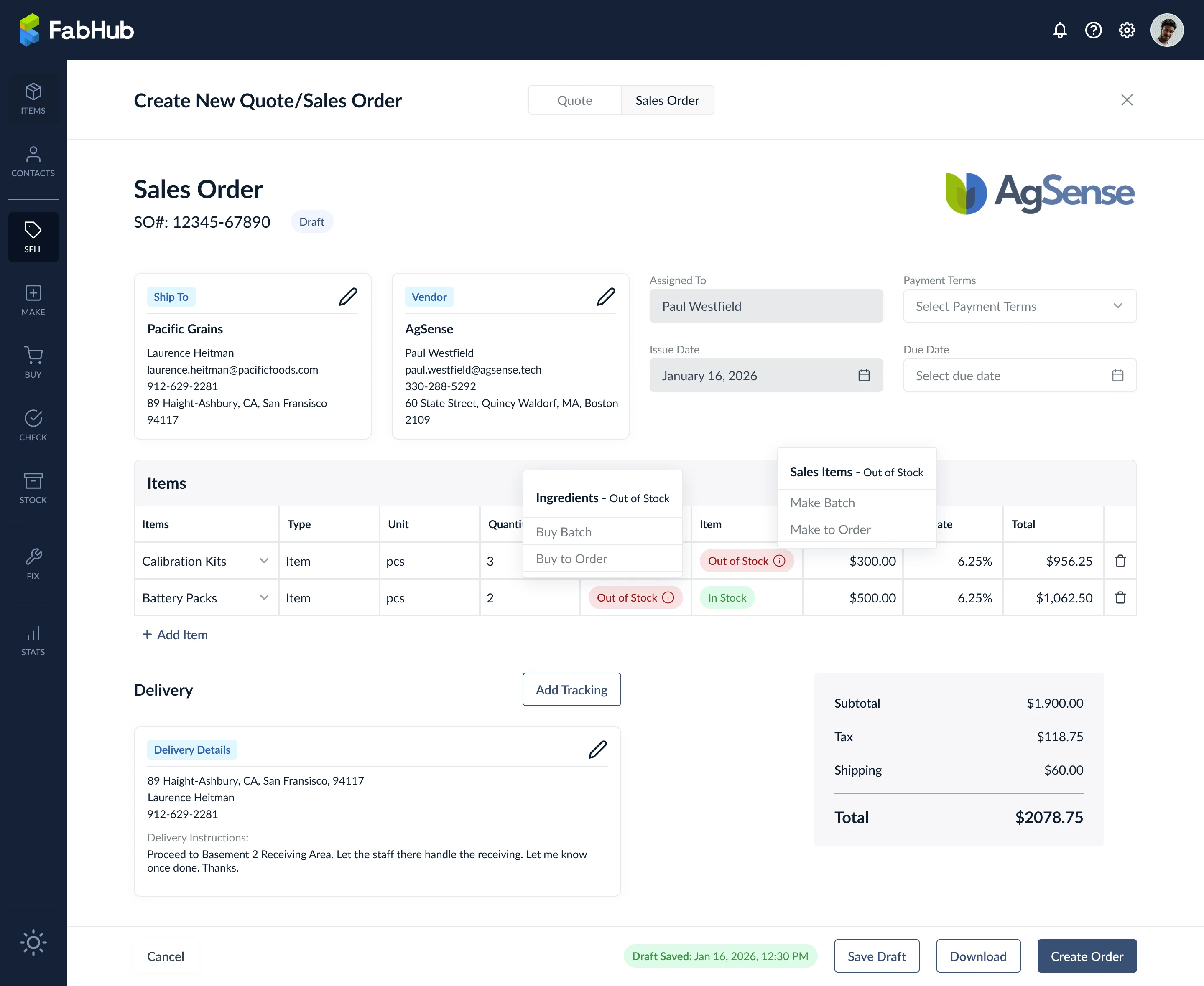 Filled Sales Order draft showing items, delivery instructions, and financial summary