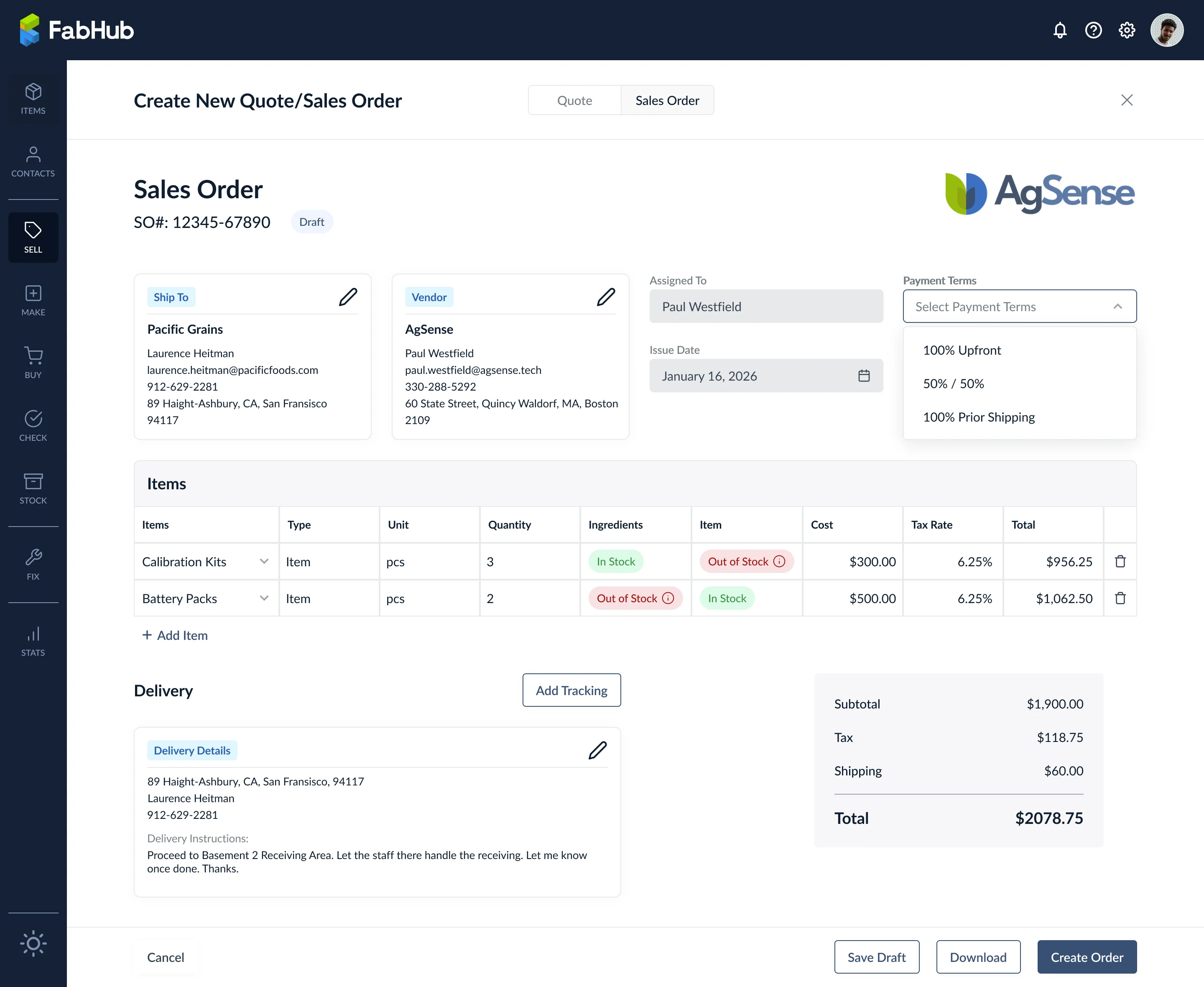 Sales Order with the Payment Terms dropdown expanded showing payment options