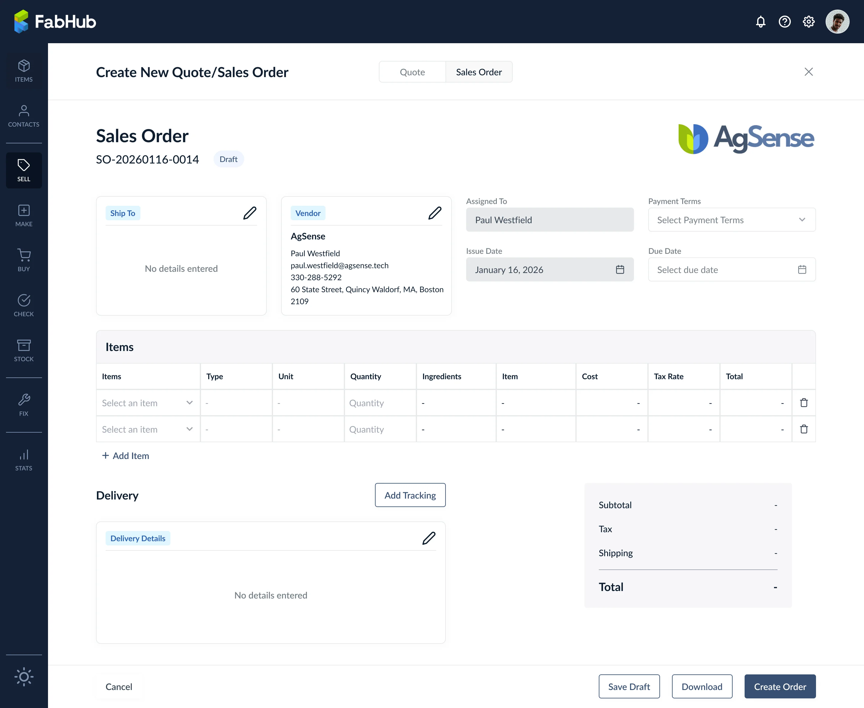 Empty Sales Order creation form ready for header and item entry