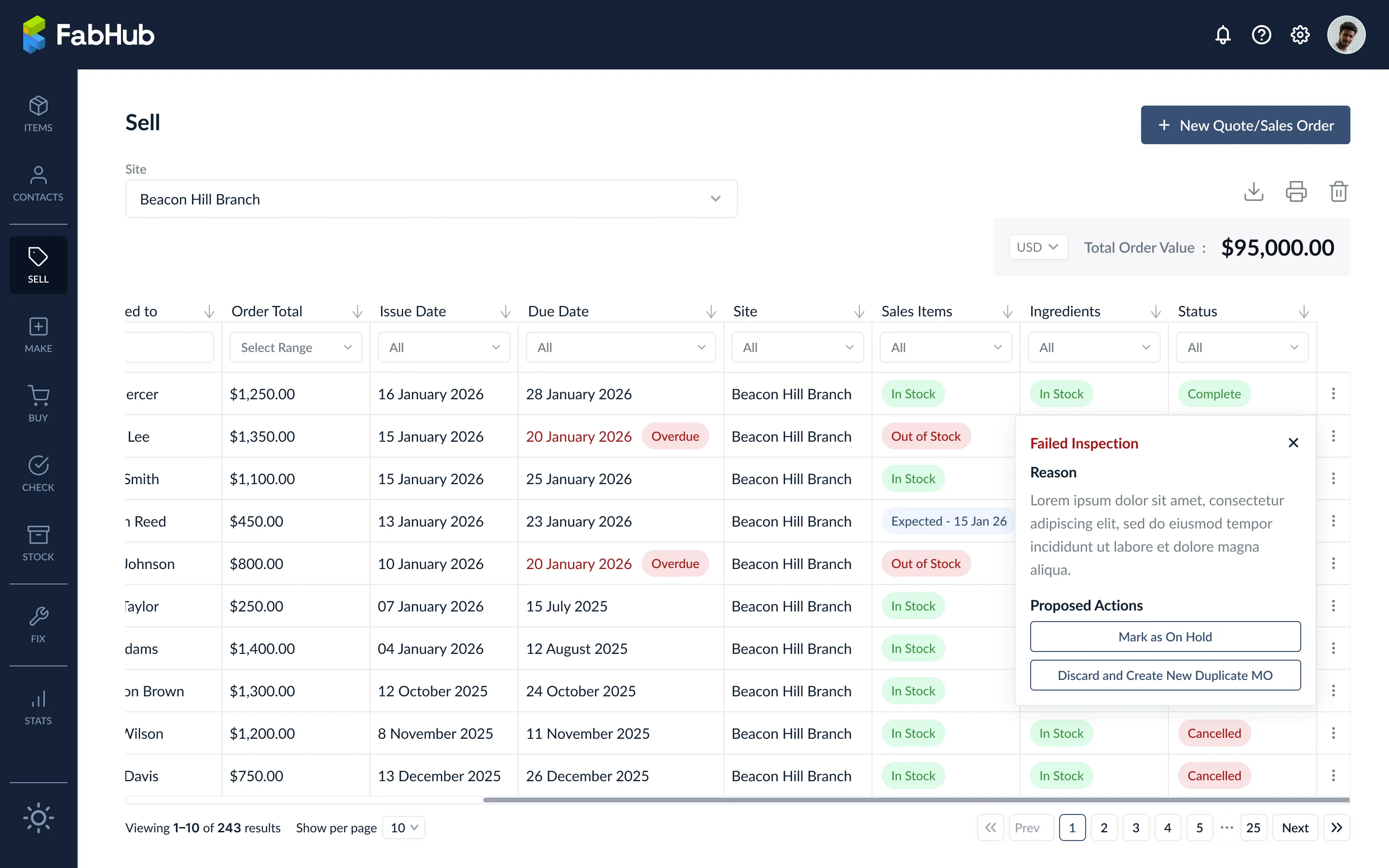 Sell dashboard with the Status column dropdown open showing the status options