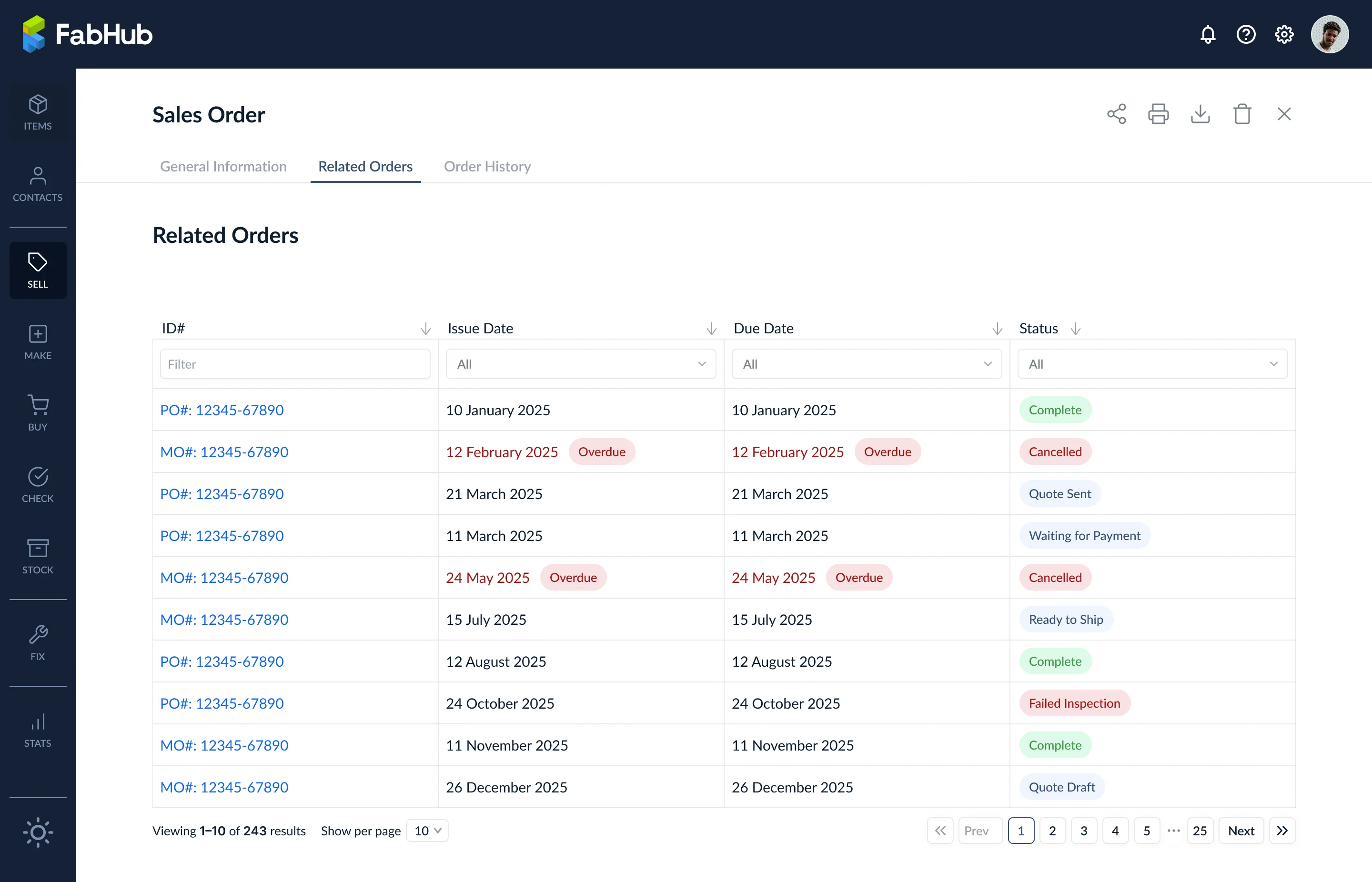 Related Orders tab listing linked Purchase Orders and Manufacturing Orders with their statuses