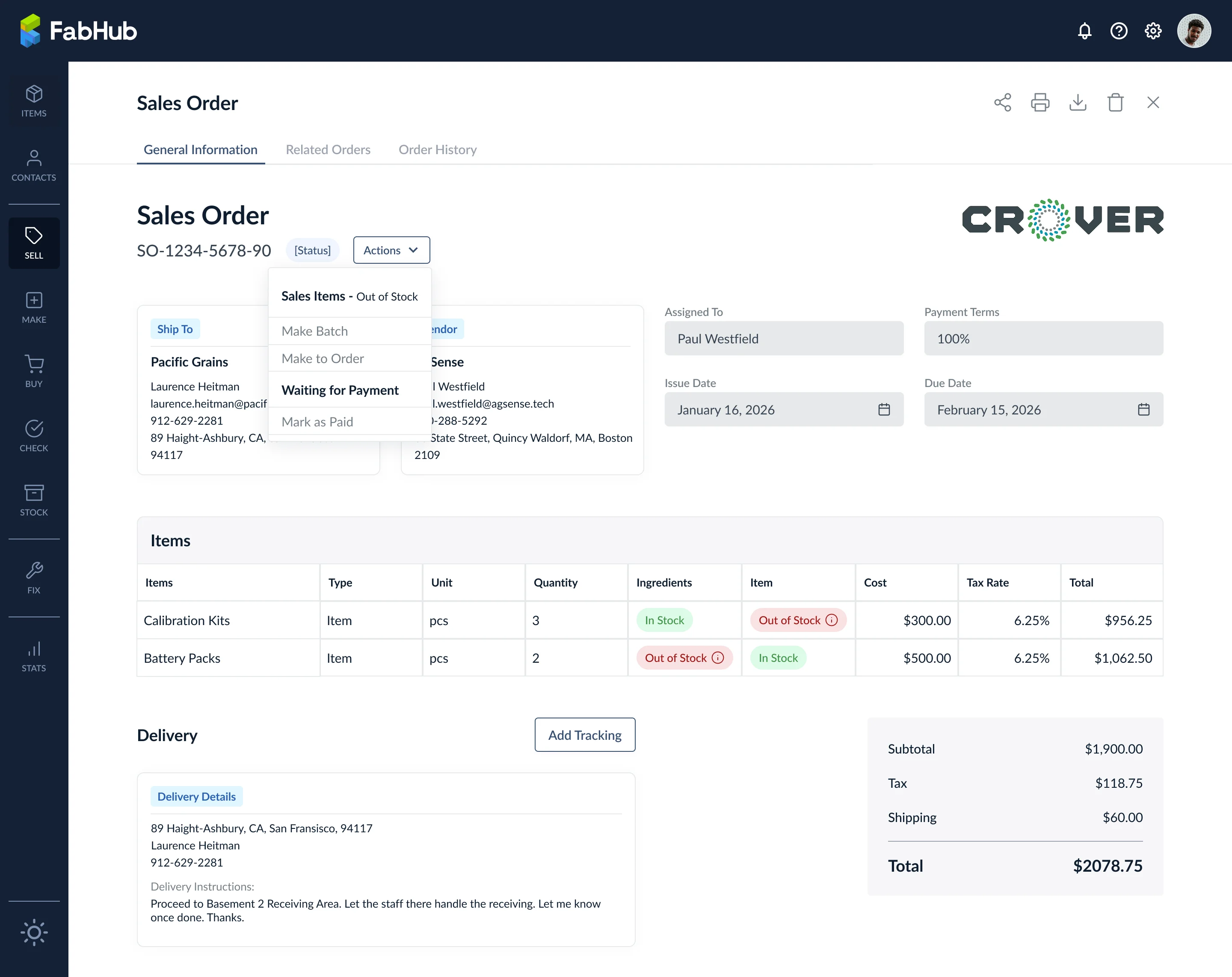 Sales Order General Information tab with the Actions menu opened on Out of Stock items