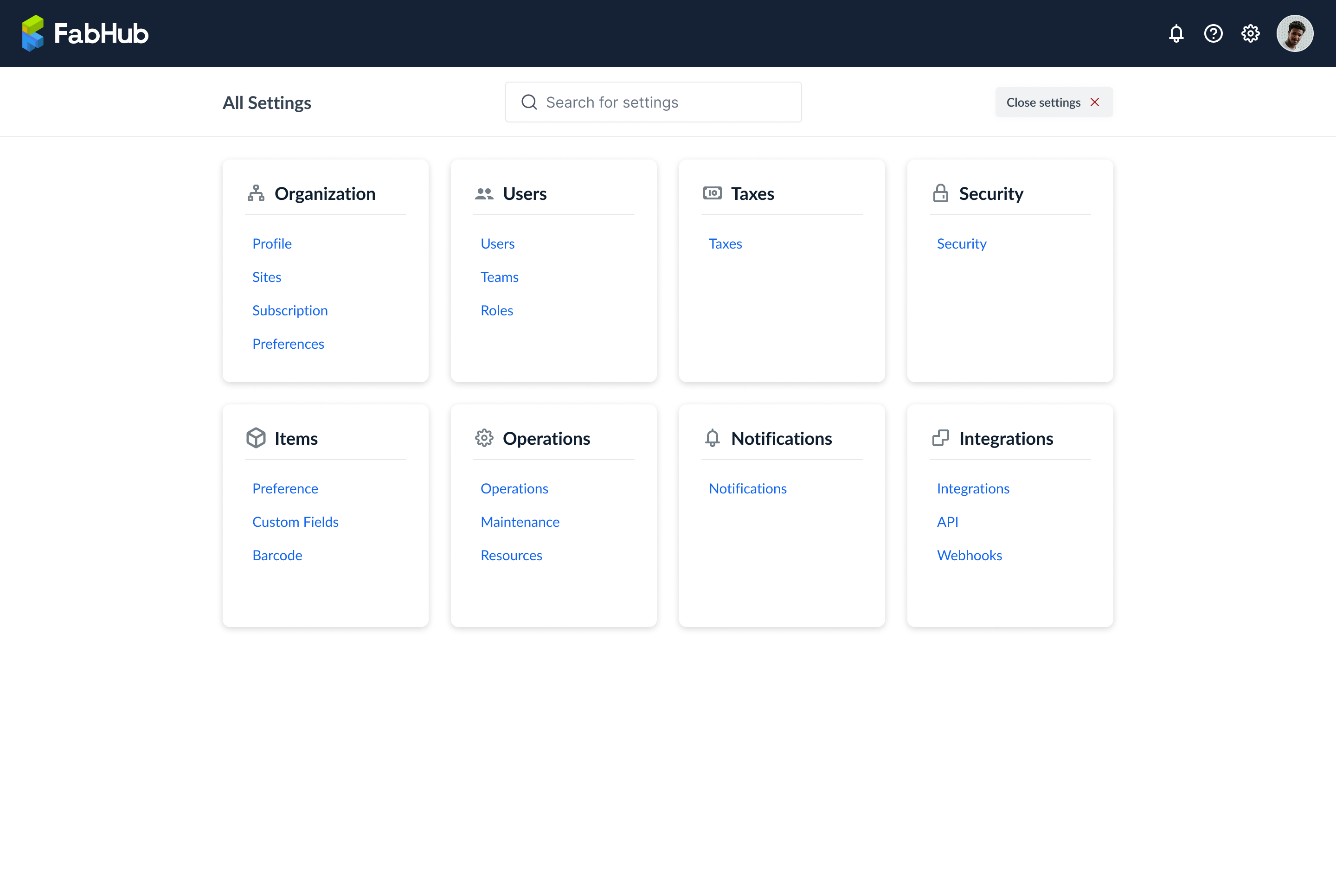 Painel de configurações do FabHub para a função Administrador