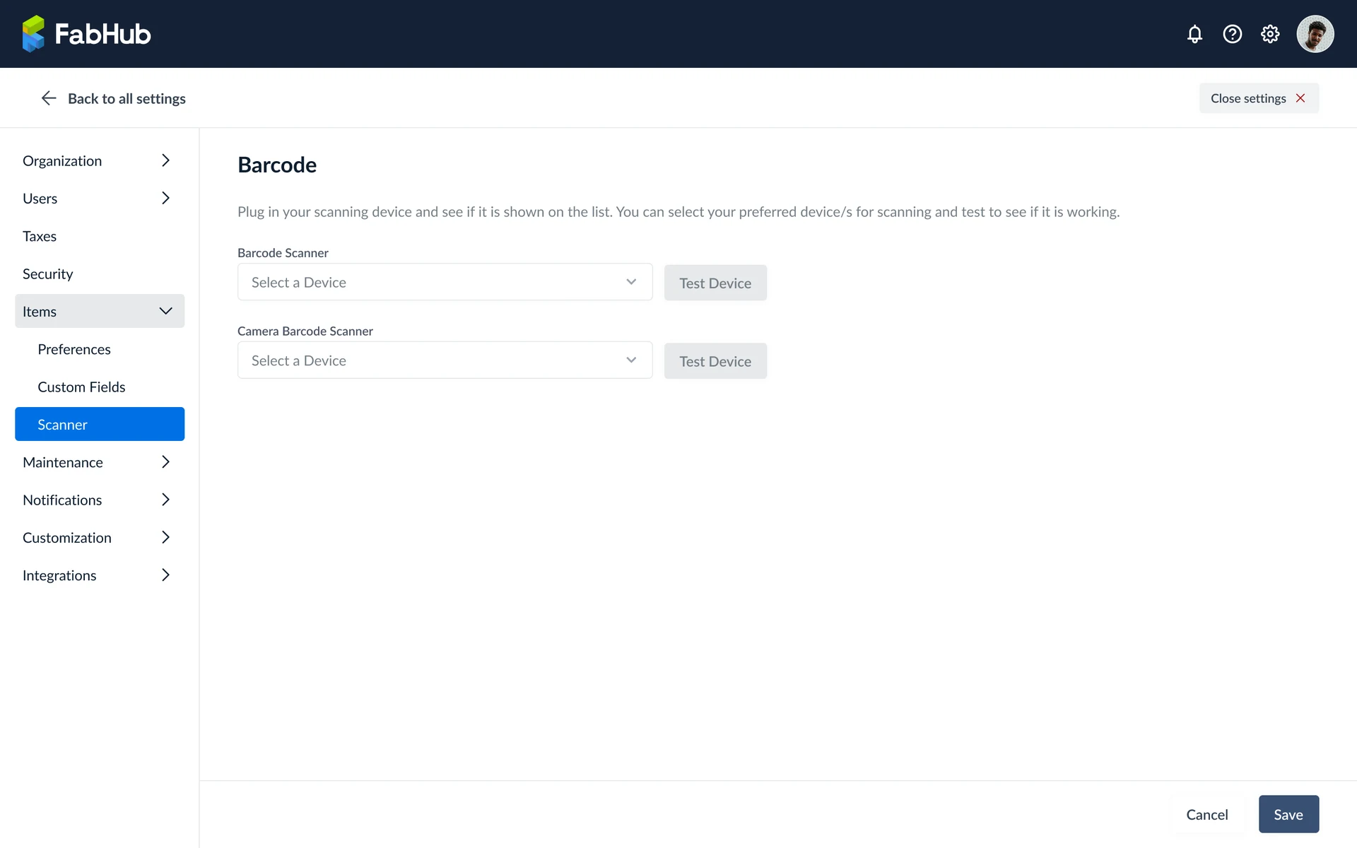 Barcode scanner settings dashboard