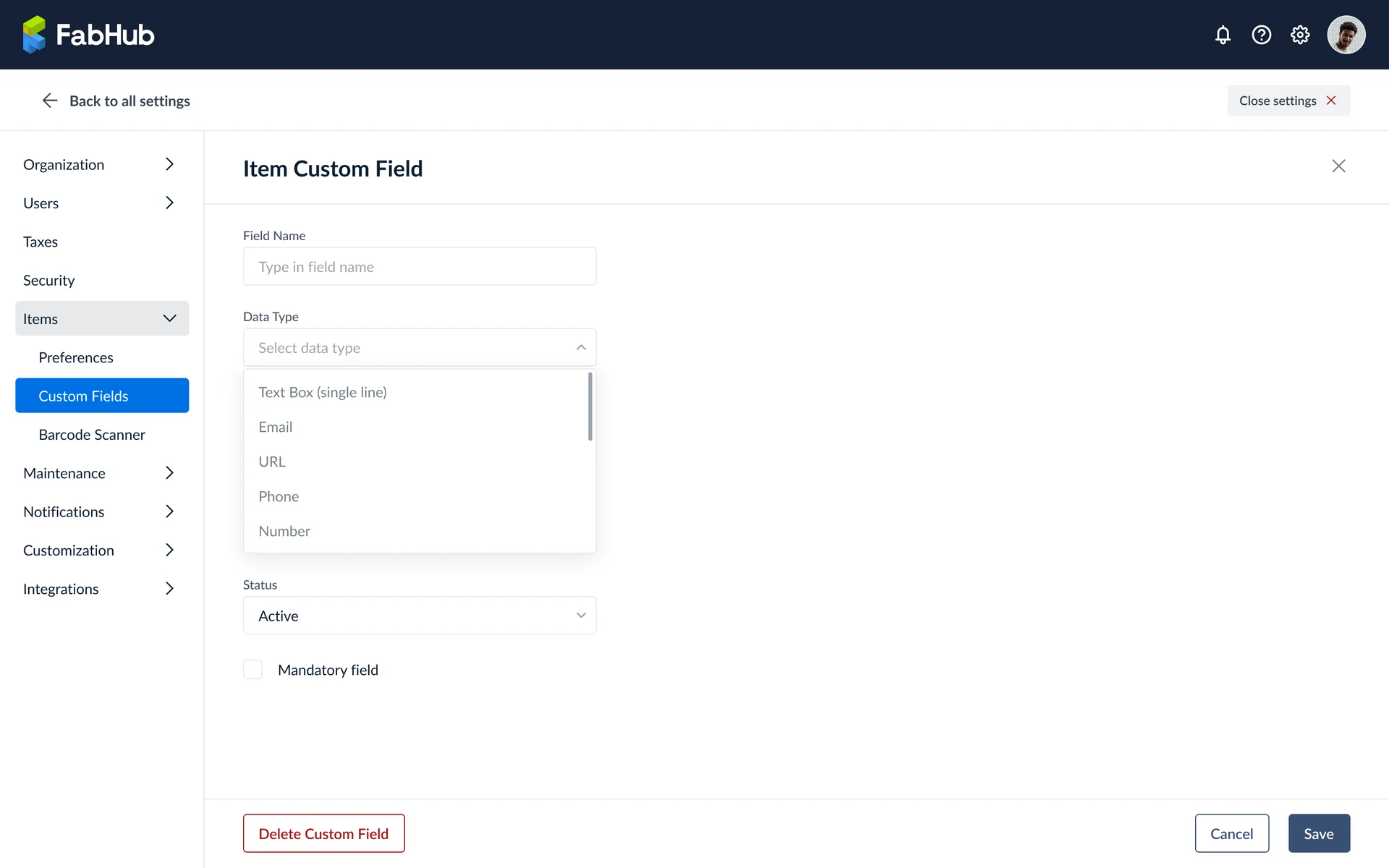 Custom field data type selection