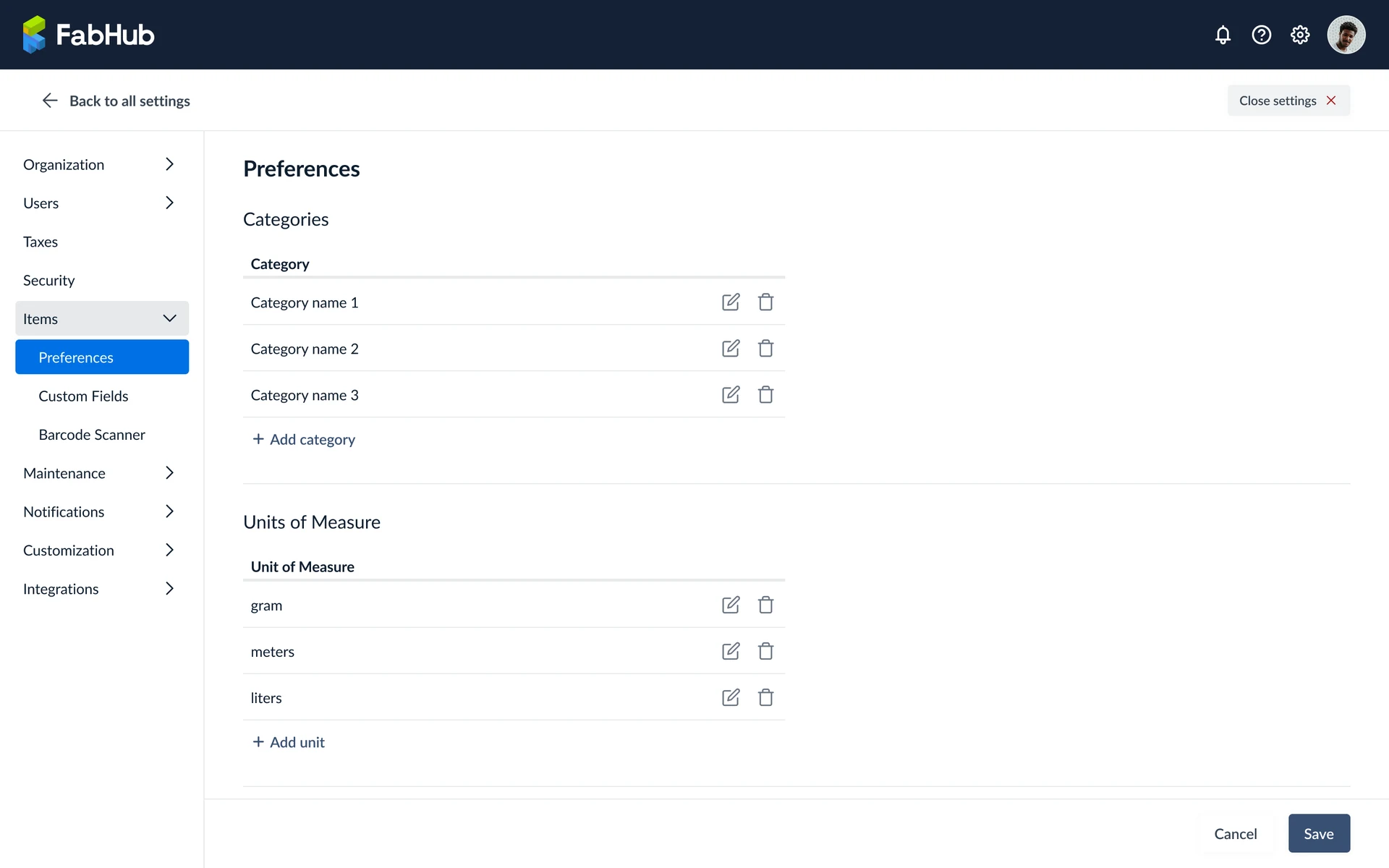 Item preferences dashboard