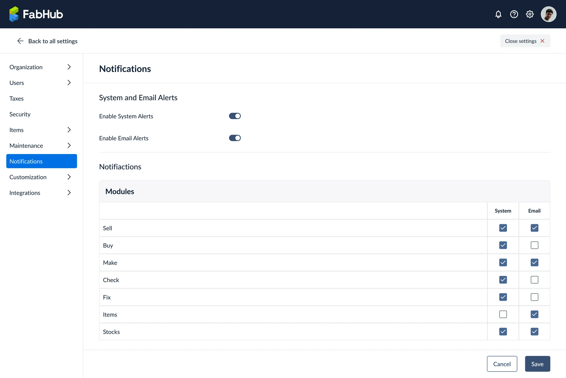Notifications settings dashboard