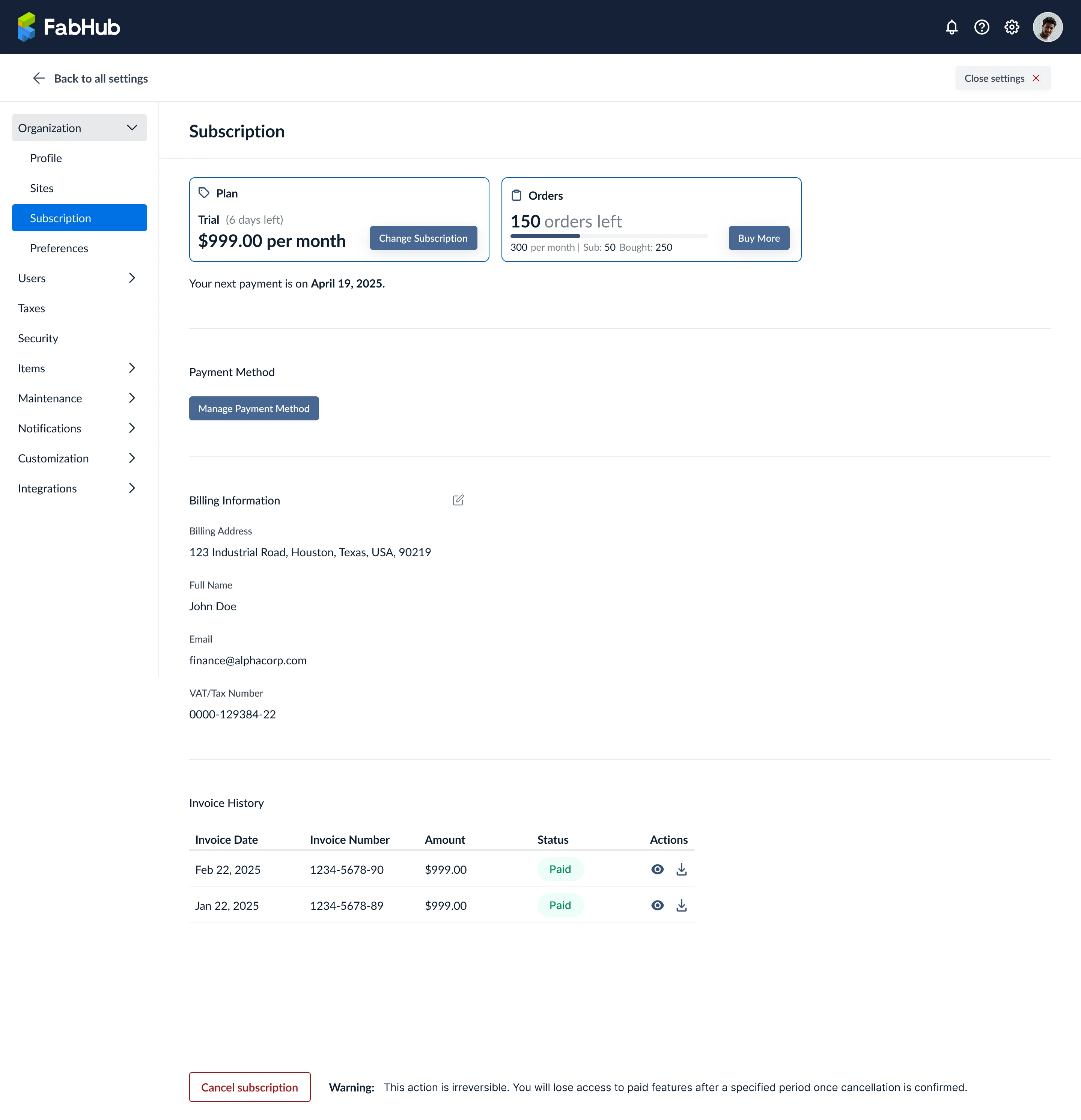 Subscription dashboard