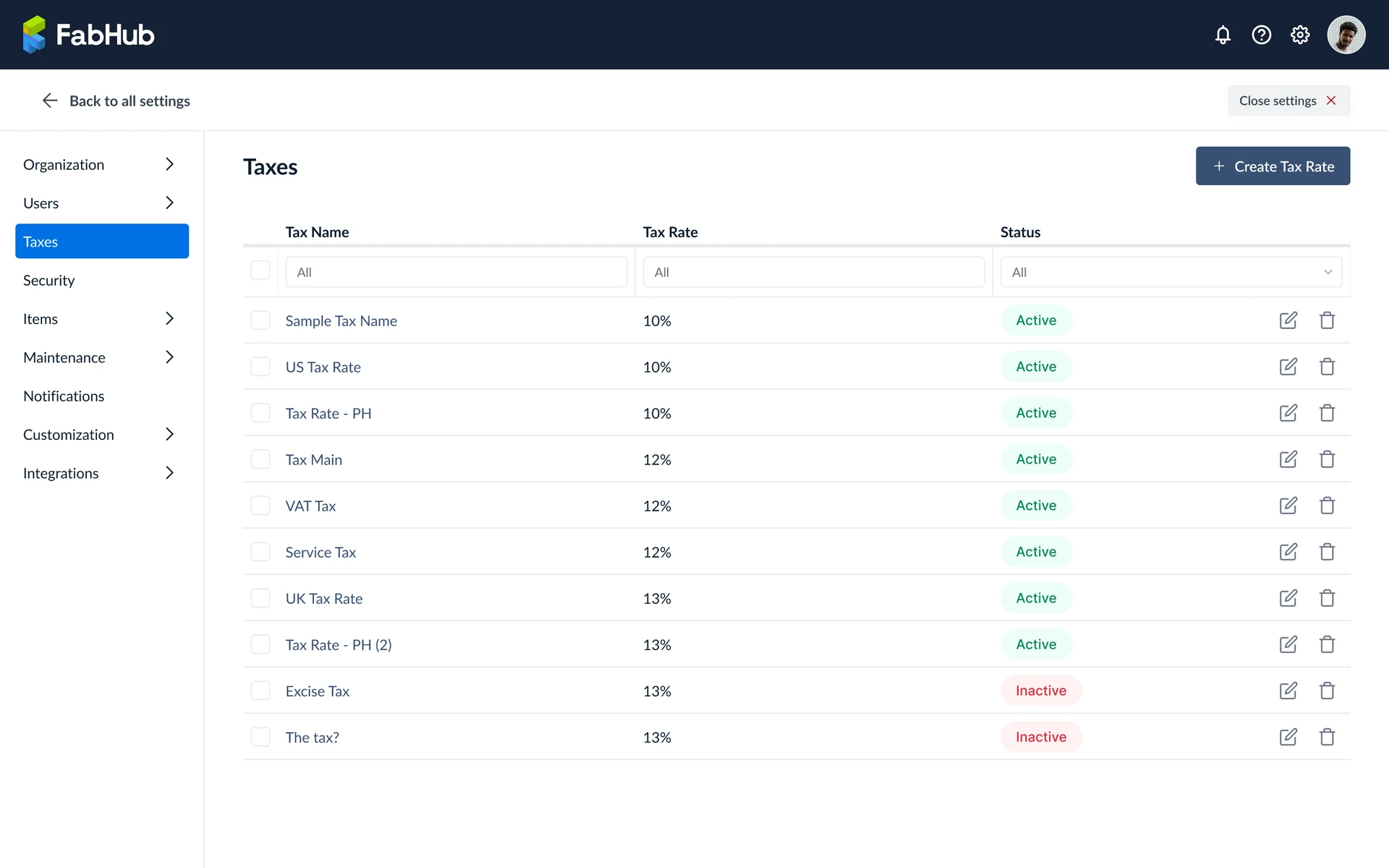 Taxes list dashboard